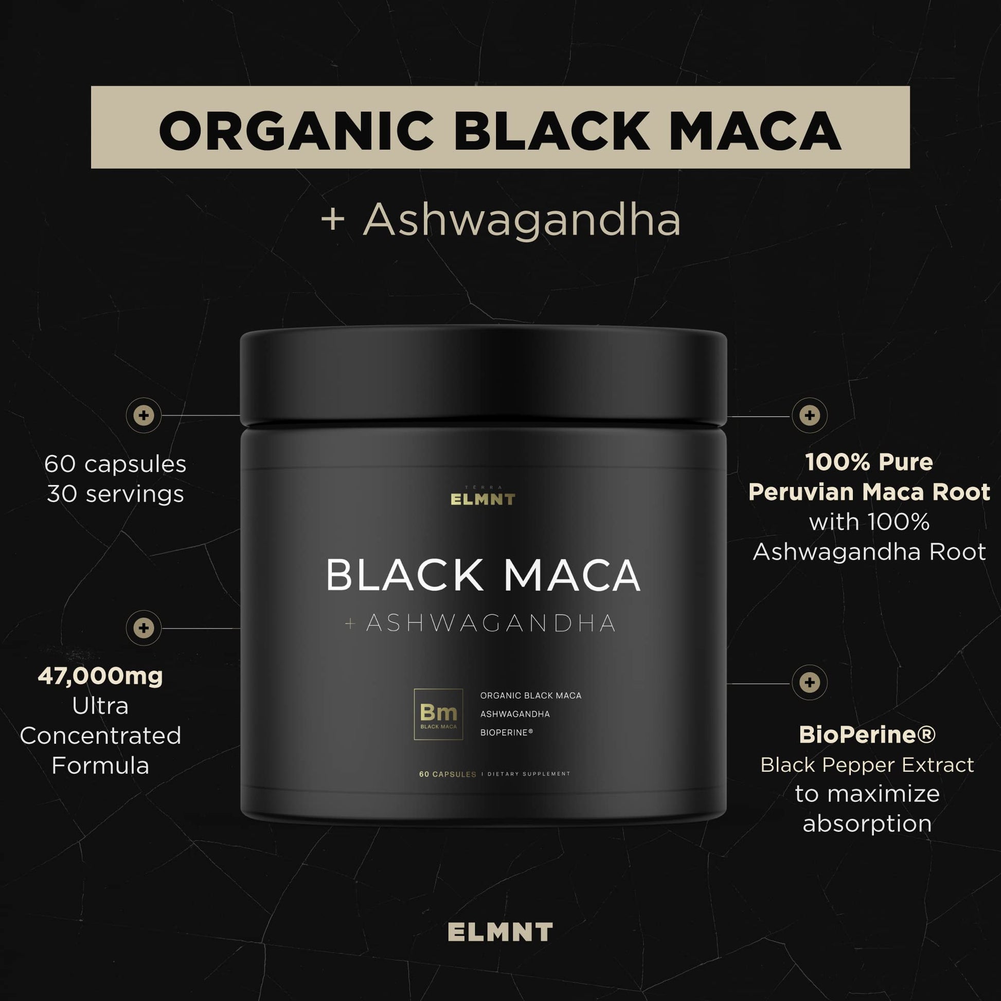 ELMNT 40,000mg 40x Strength Organic Black Maca Root + Ashwagandha - #1 Highest Potency Black Maca Root Capsules for Men Supplement 100% Pure Maca Peruana 40:1 Extract Maca Powder Pills Male Booster