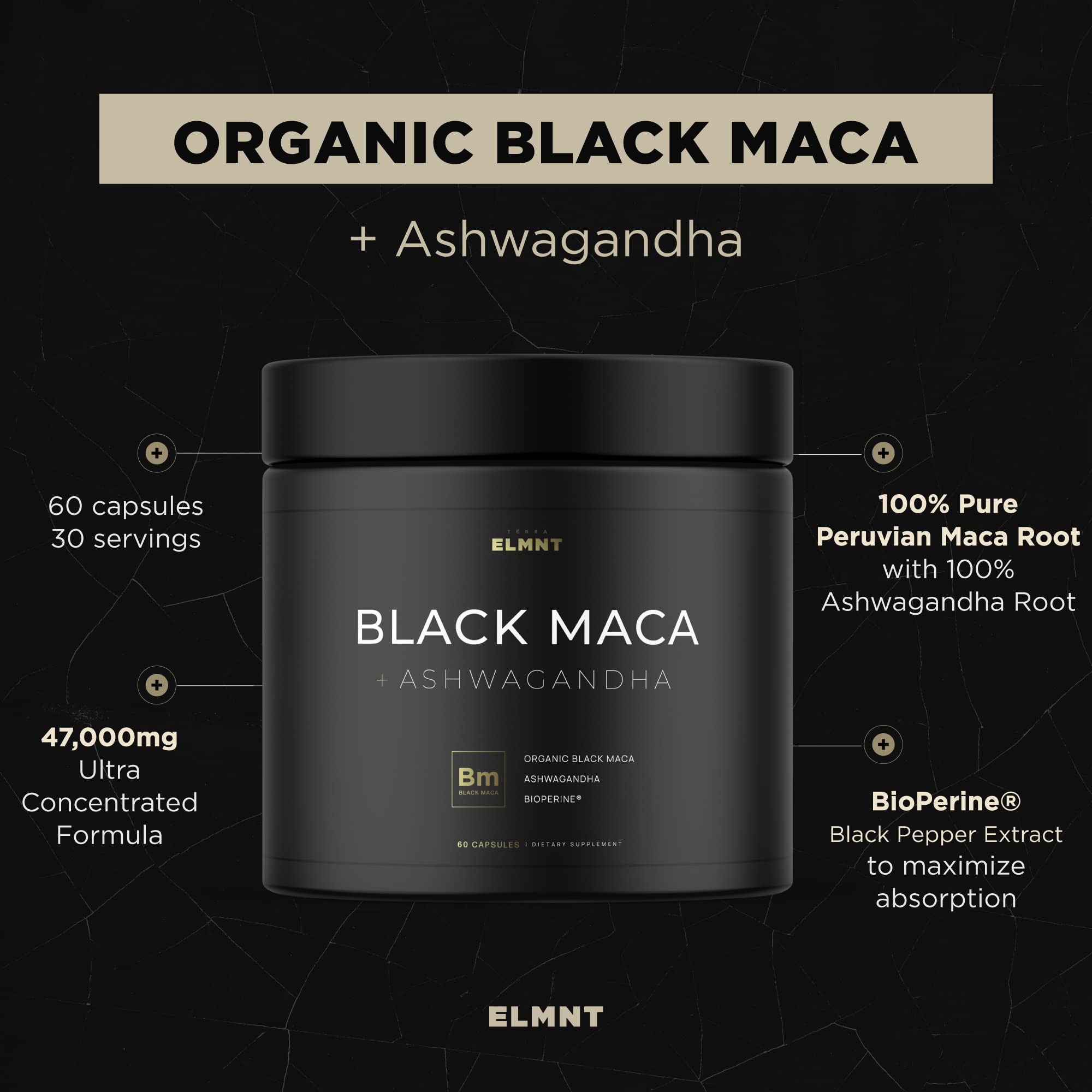 ELMNT 40,000mg 40x Strength Organic Black Maca Root + Ashwagandha - #1 Highest Potency Black Maca Root Capsules for Men Supplement 100% Pure Maca Peruana 40:1 Extract Maca Powder Pills Male Booster
