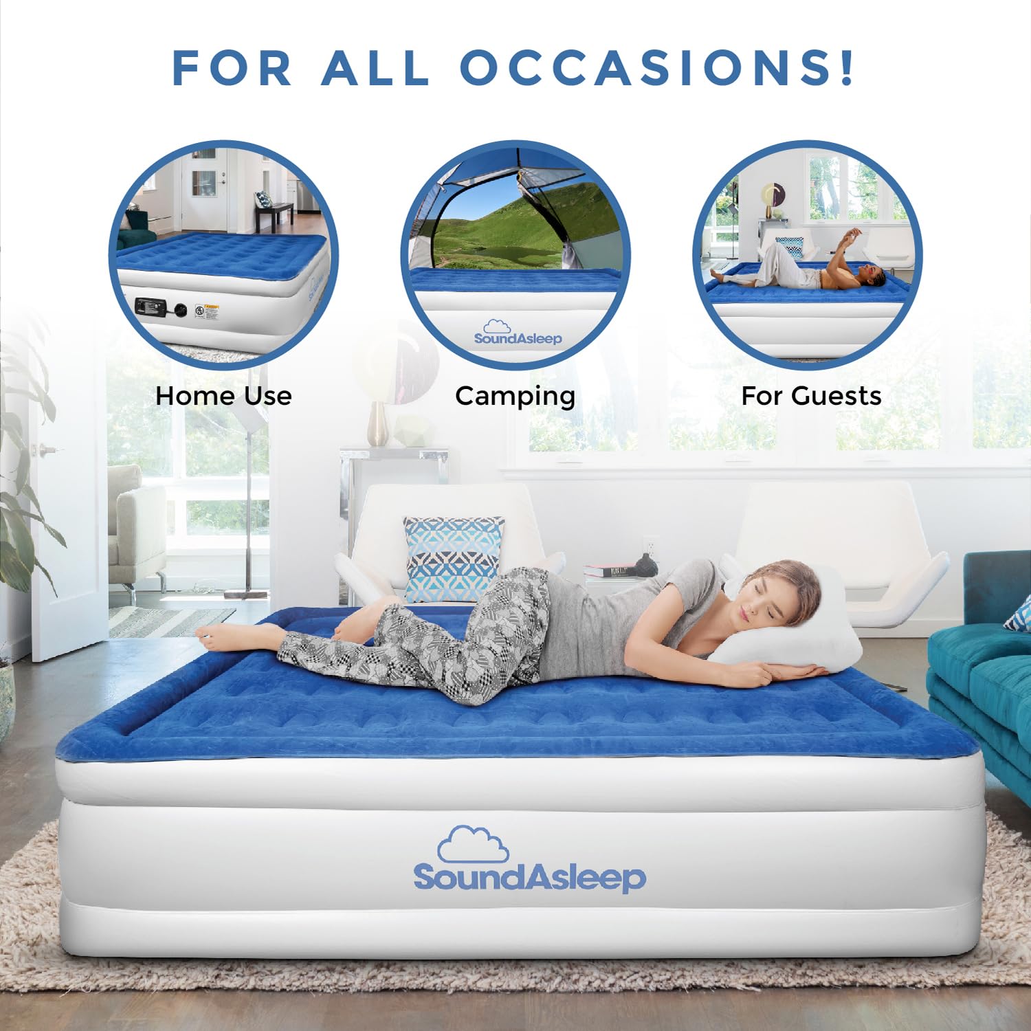 SoundAsleep Products Dream Series Luxury Air Mattress, ComfortCoil Technology, Built-in High Capacity Pump for Home, Camping- Double Height, Adjustable, Inflatable Blow Up, Portable (Queen Size)