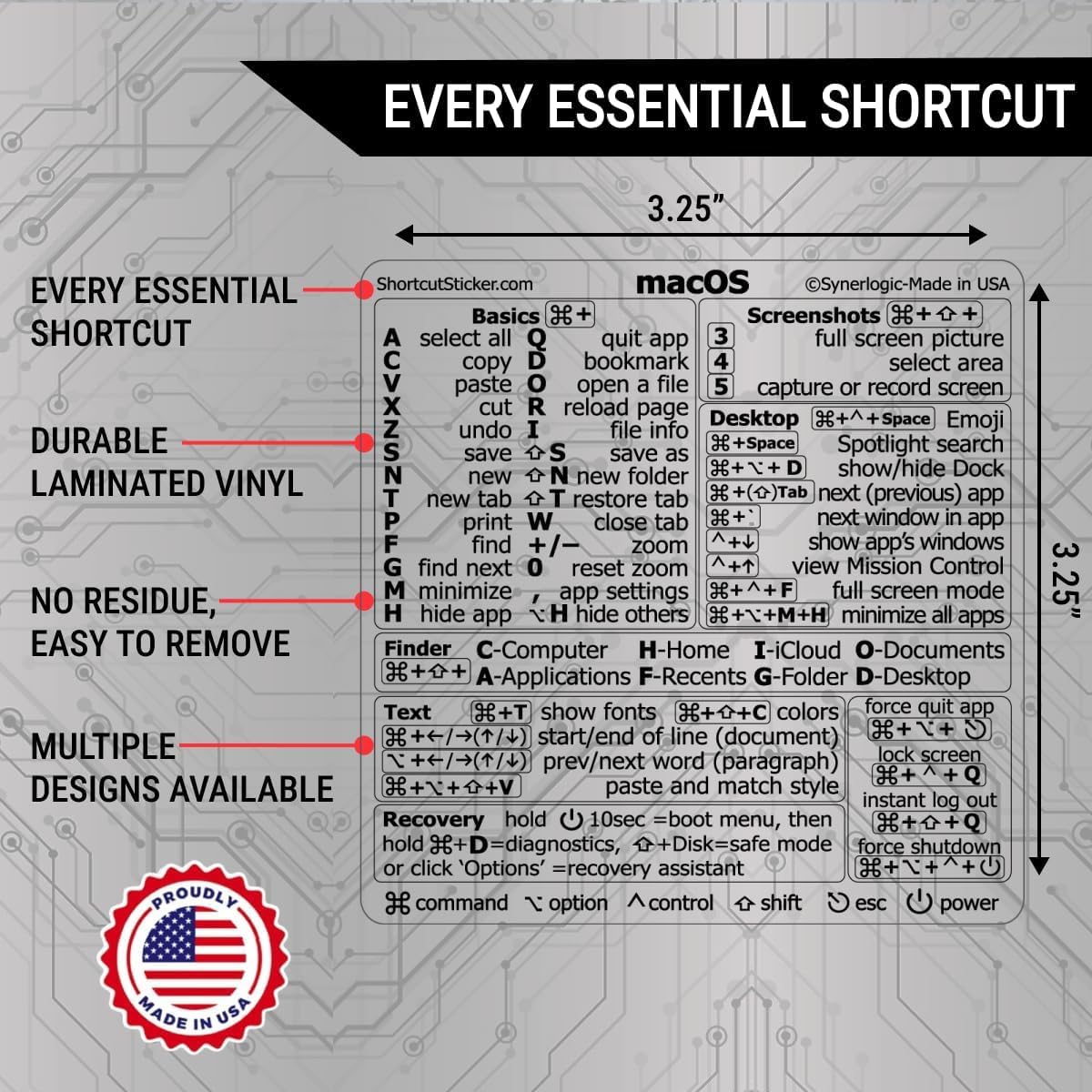 Synerlogic Mac OS Shortcuts Sticker | Keyboard Stickers for macOS | No-Residue Laminated Vinyl MacBook Cheatsheet for Laptop | MacBook Shortcuts 2025 (Clear/Black)