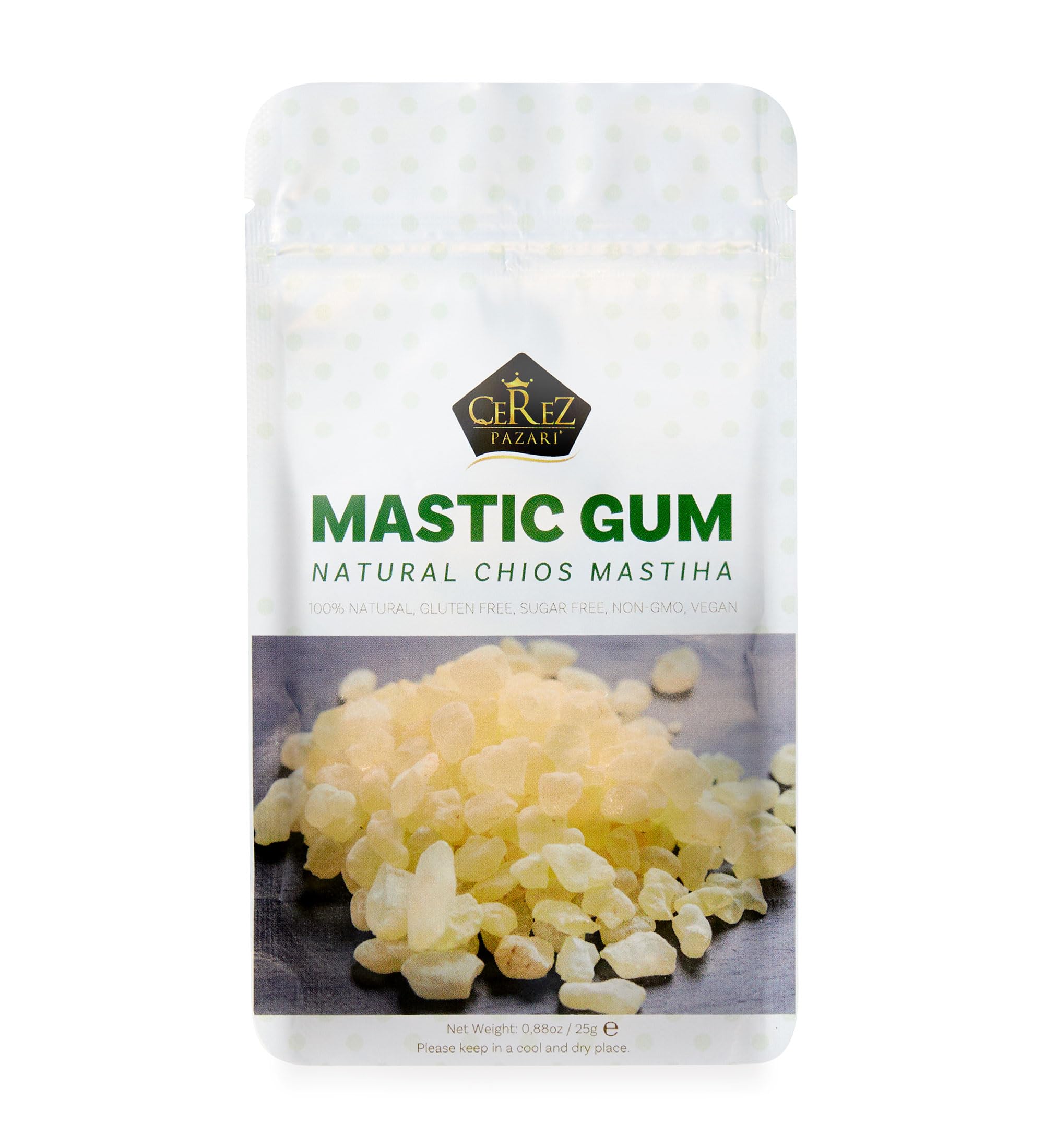 Cerez Pazari Natural Mastic Gum 0.88 oz (25g), Greek Chios Pure Resin, Sugarless Gum Made From Resin Of Mastiha Trees, Jaw Exerciser, Vegan, Non-GMO
