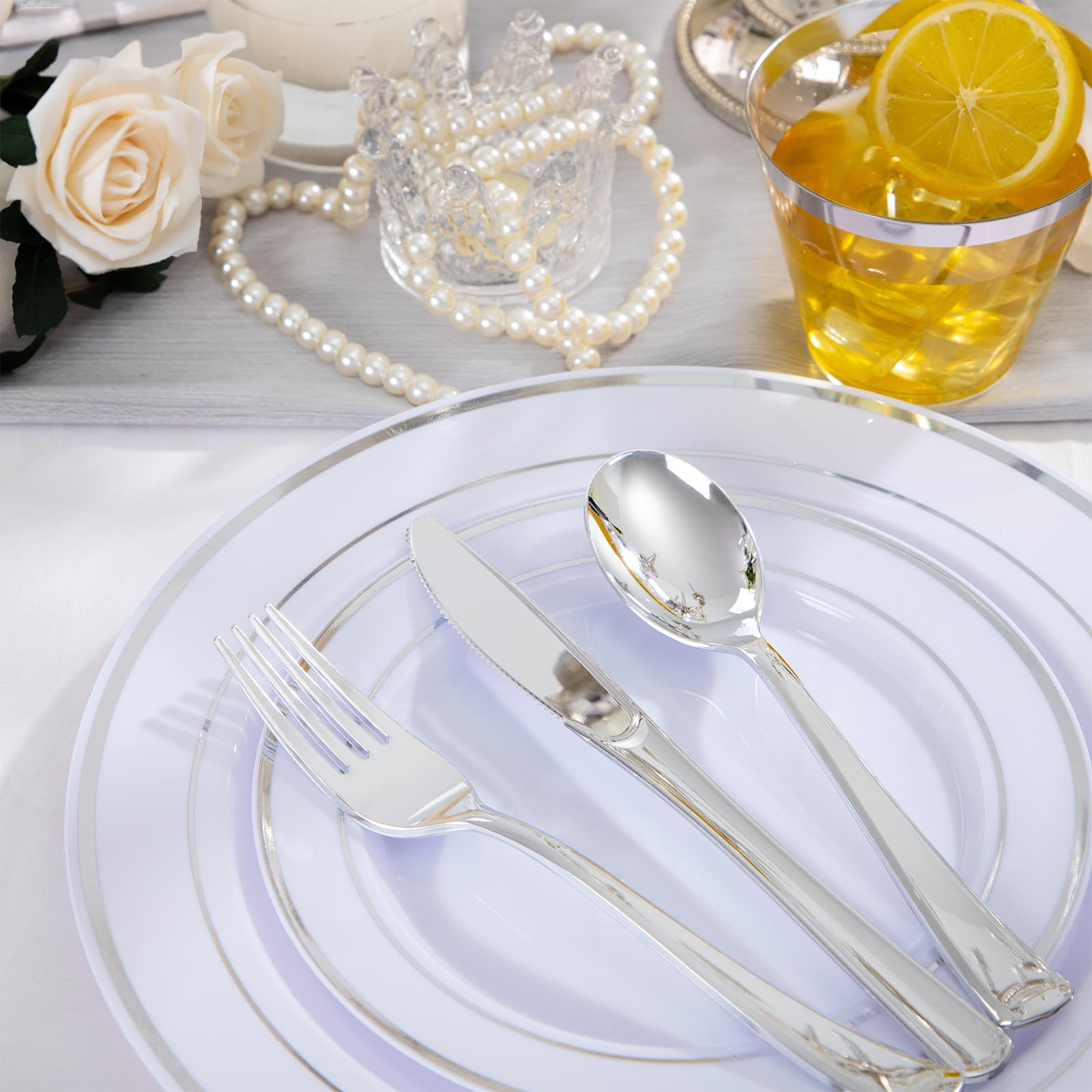 WELLIFE 600 PCS Silver Disposable Dinnerware Set for 100 Guests, Wedding Plates Silver Plastic Plates for Party, 100 Each-Dinner & Salad Plates, Cups, Forks Knives Spoons for Wedding and Anniversary