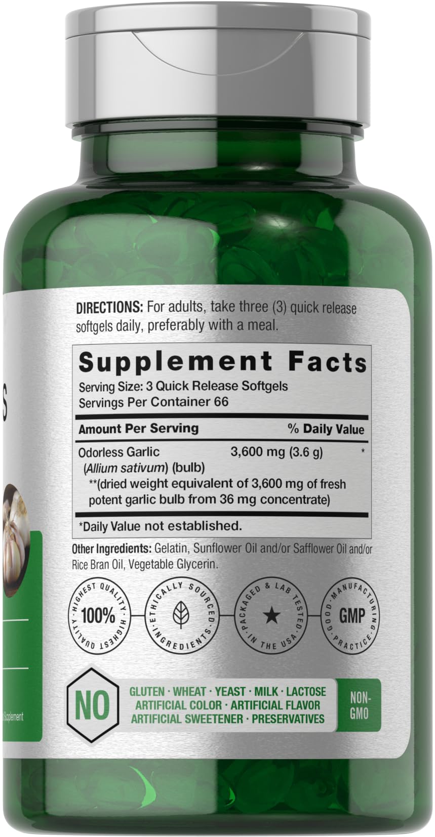 Horbäach Odorless Garlic Softgels 3600 mg | 200 Count | Ultra Potent Garlic Extract | Non-GMO & Gluten Free Supplement