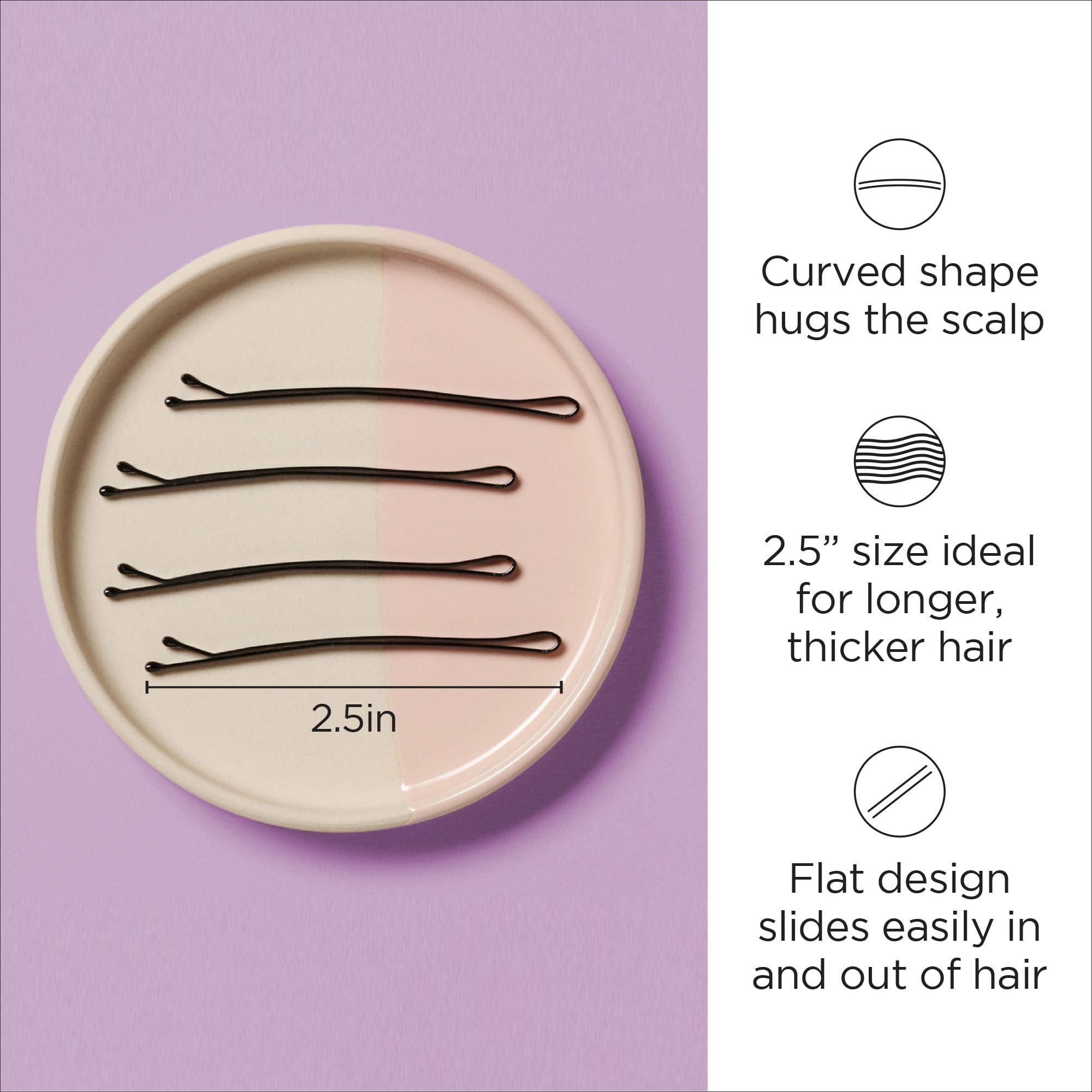 Diane 2.5” Curved Black Bobby Pins for Women, Girls, Salon, Hairdressing, Rollers, Long and Thick Hair, Large Flat Hair Pins with Ball Tips for Securing Updos, Flyaways, 40 Count