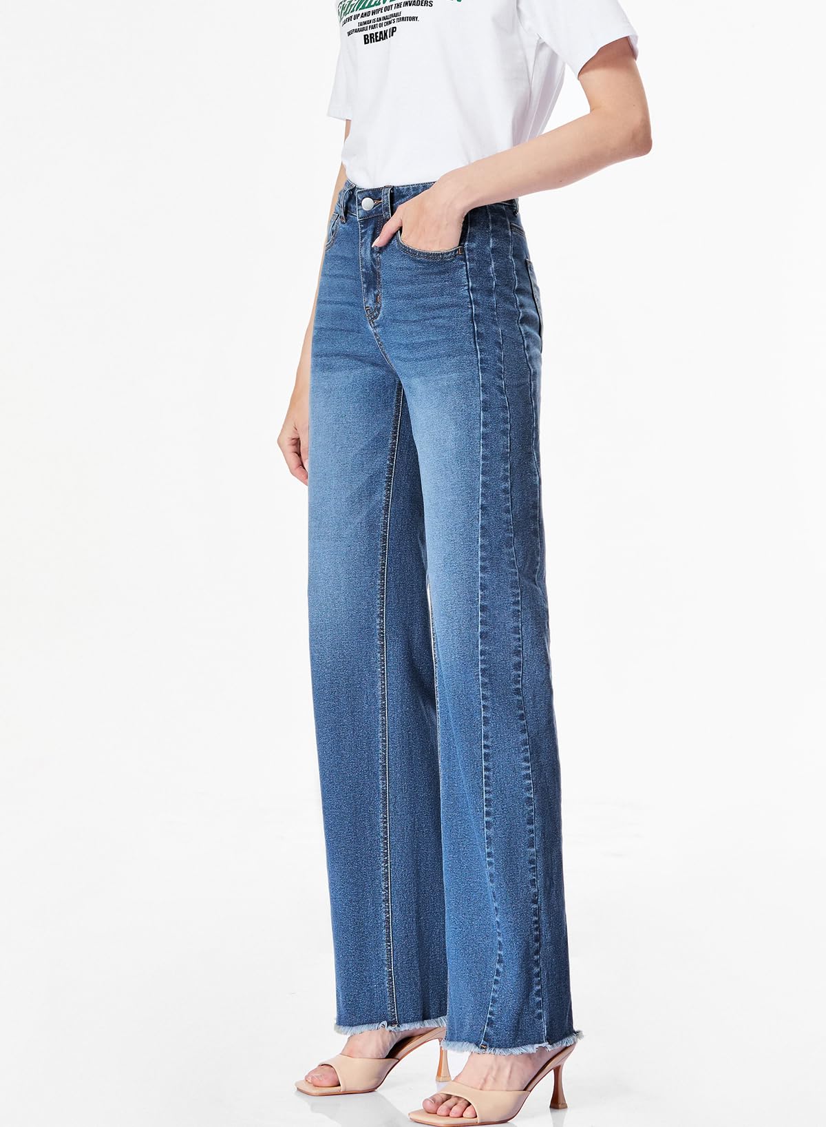 Sidefeel Women's Wide Leg Jeans High Waisted Stretchy Raw Hem Denim Pants Size 10 Blue