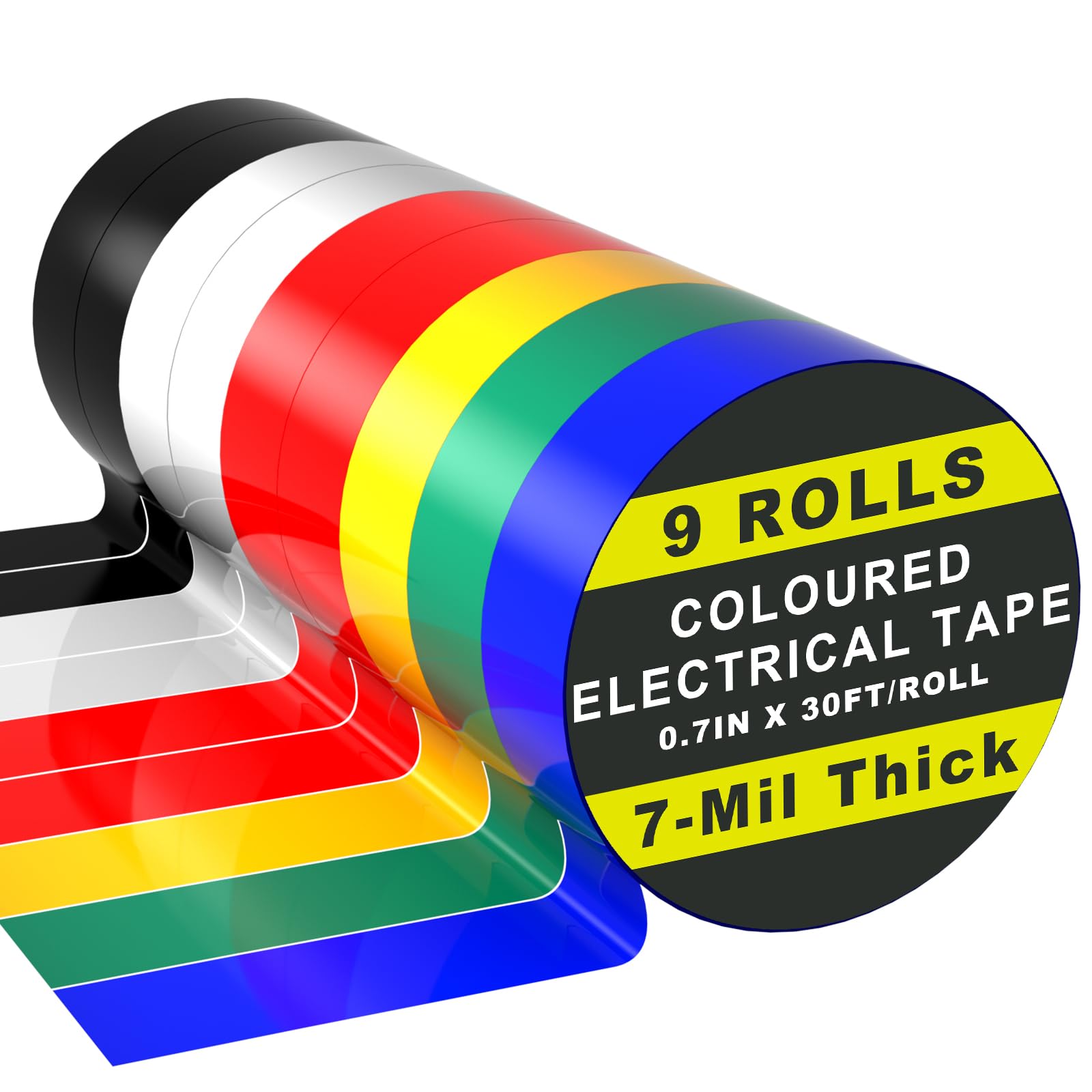 Giwiemi 9 Rolls Coloured Electrical Tape - Professional White Black Red Green Blue Yellow Electrical Tape (0.7 Inch by 30 Feet), Electric Tape is Suitable for Domestic, Commercial, and Industrial Use