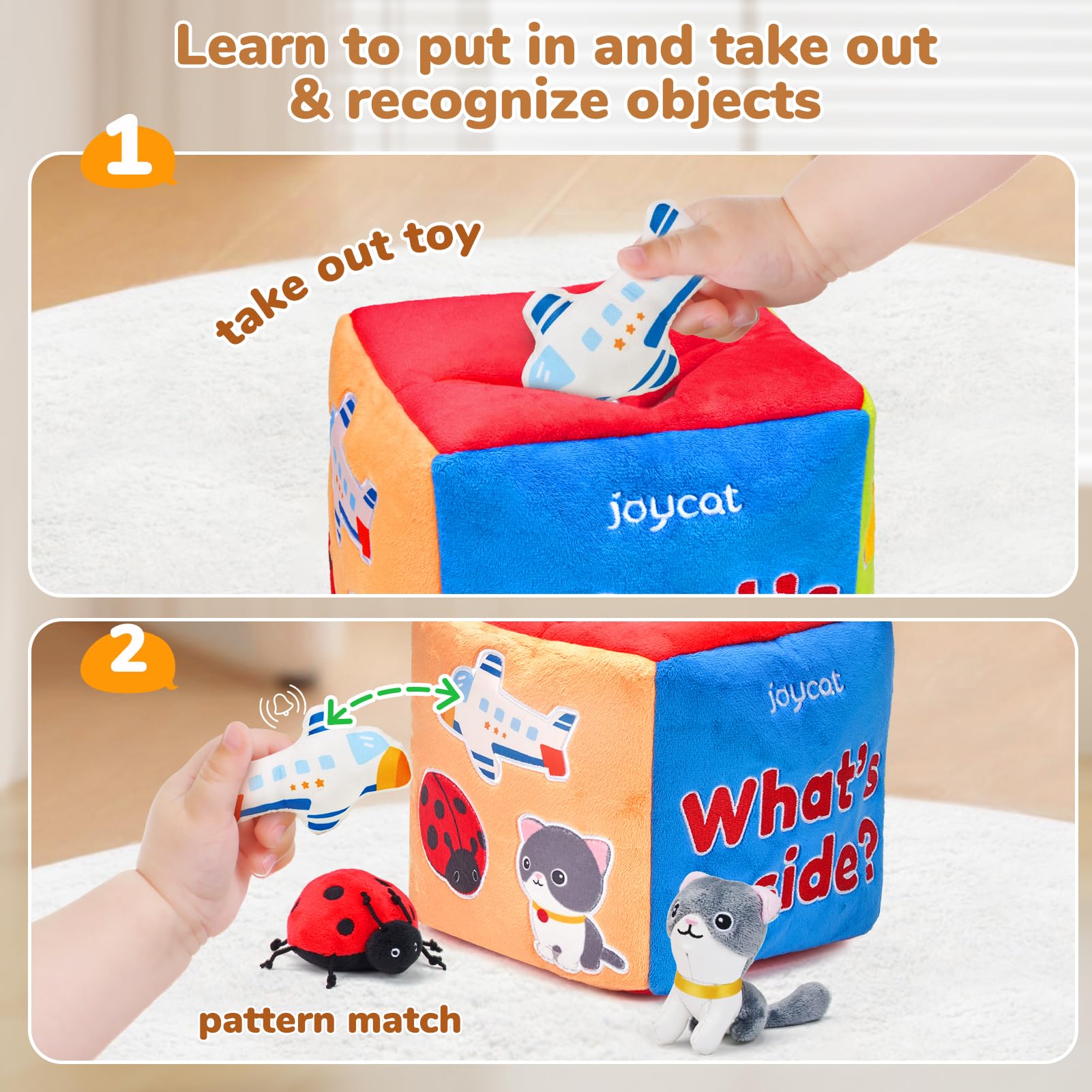 JoyCat Baby Toys 6-12 Months - Mystery Soft Box with 10 Sensory Objects, Rattle, Crinkle Paper, Mirror - What's Inside Box Infant Gifts, Soft Busy Toys 1-2 - Baby Birthday Gifts Boy Girl Chirstmas