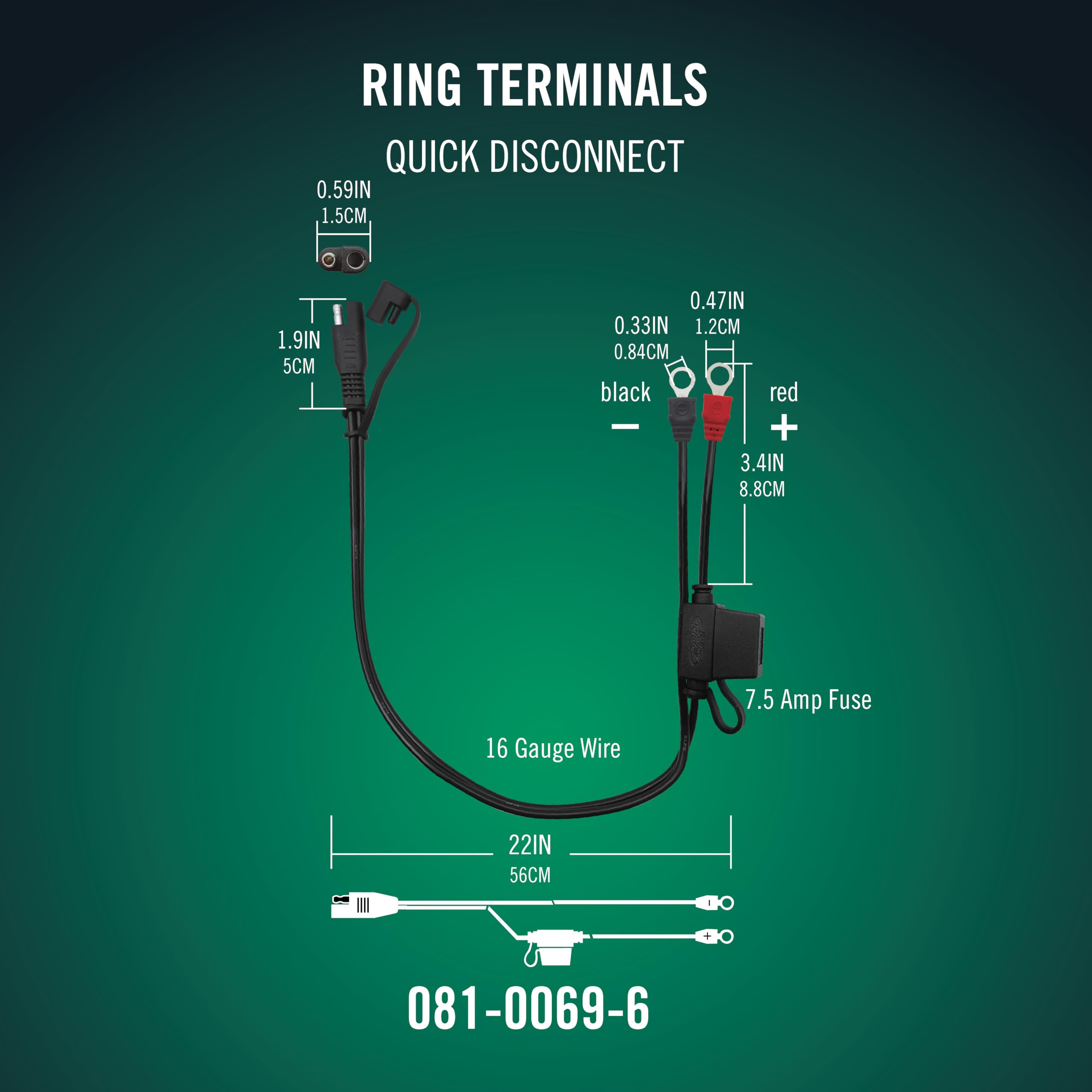 Battery Tender Ring Terminal Harness Accessory Cable - 18 inch Cord Adapter with SAE Quick Disconnect - Easy Quick Convenient for Motorcycles, Cars, ATVs and More - 081-0069-6