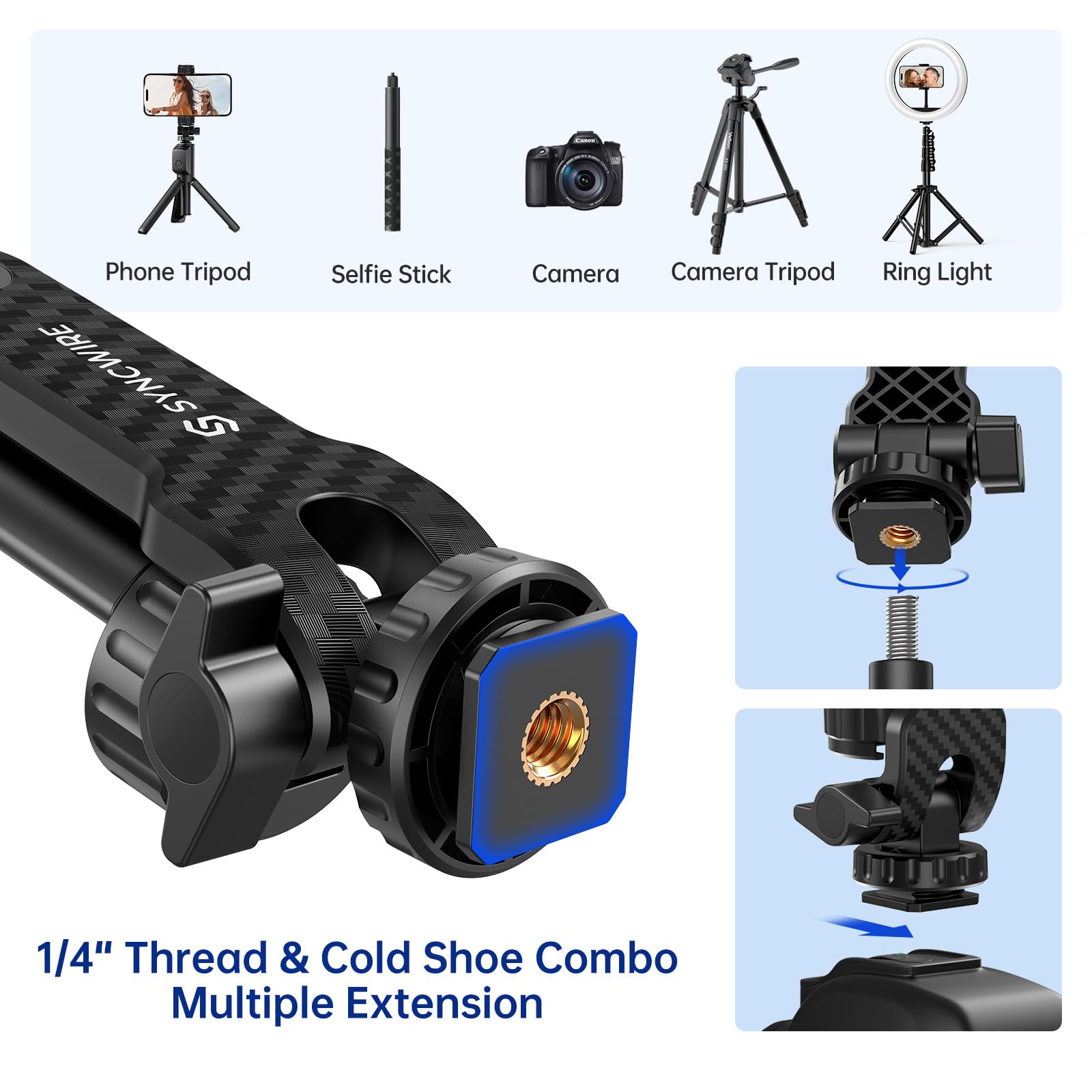 SYNCWIRE Tripod Phone Mount, Universal Smartphone Mount Adapter with 2 Cold Shoe and 1/4" Screw, 360° Rotates and 180° Tilts Adjustable Cell Phone Clamp Holder for Enhancing Mobile Photography Setup