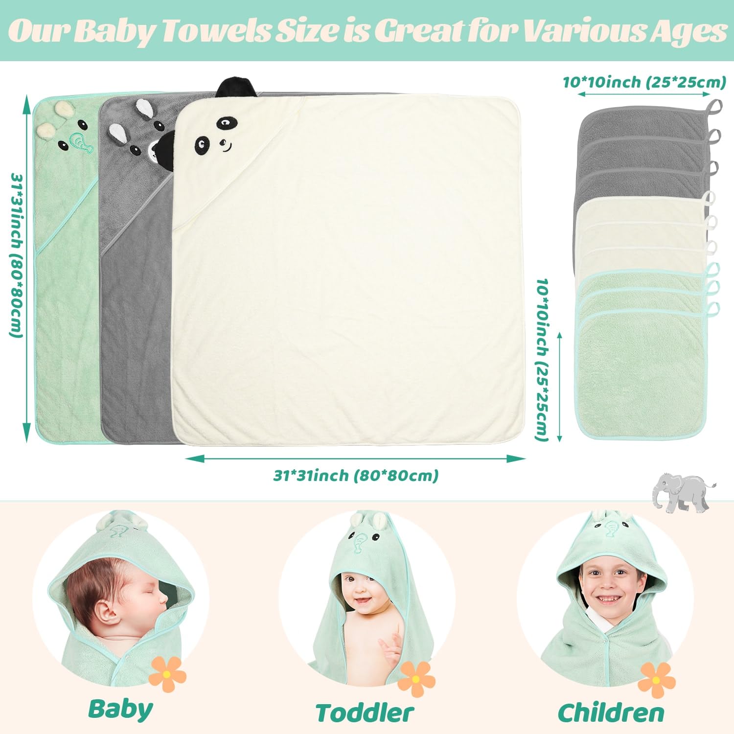 Sublaga 12 PCS Baby Towels, 3 PCS Soft Hooded Baby Towels & 9 PCS Washcloths, Baby Bath Towels for Newborns, Infants & Toddlers- Ultra Absorbent, Cute Baby Towel Gift for Boys & Girls
