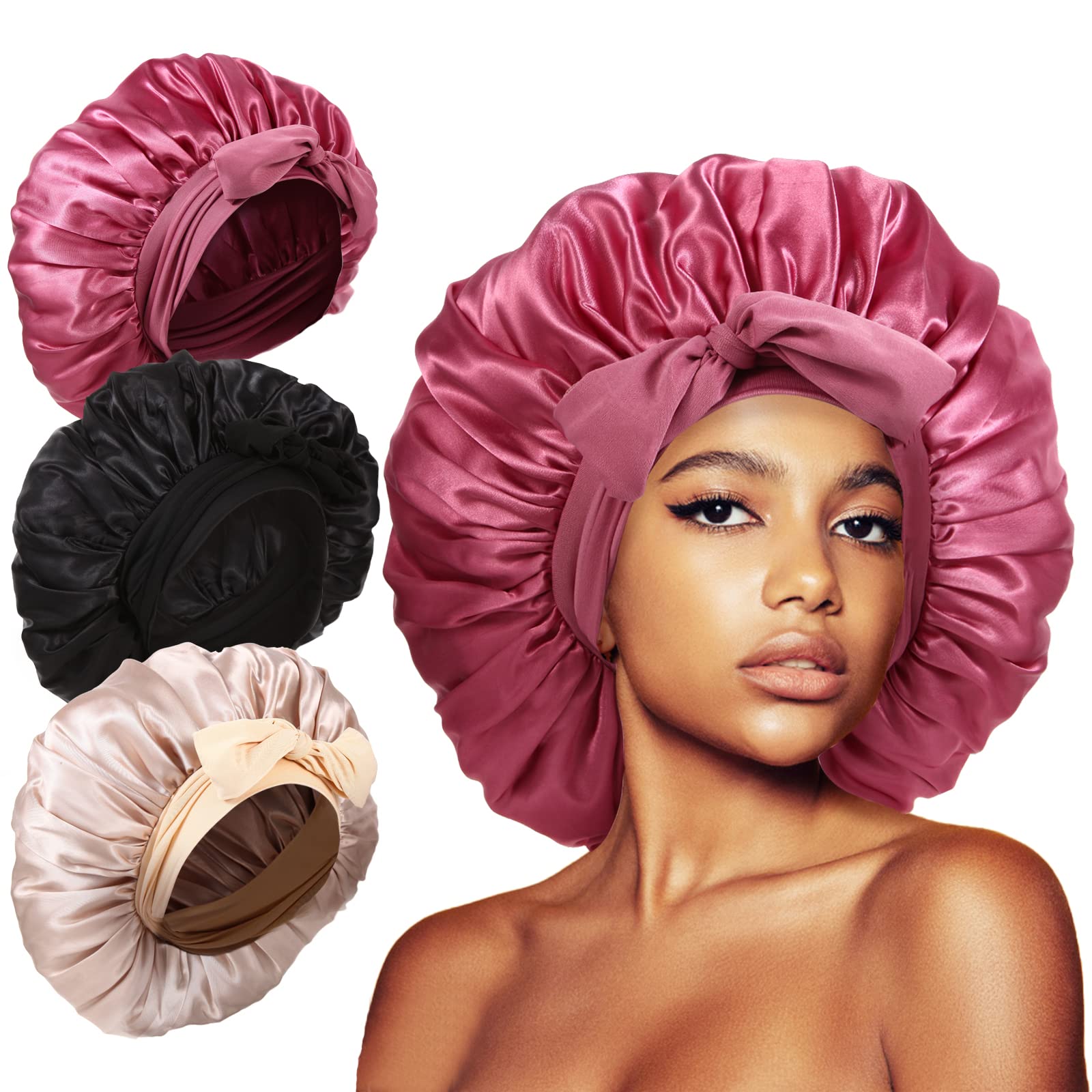 3 Stück Schlafhauben, extra Satin-Seiden-Haube für schlafende Frauen mit Bindeband für lockiges Haar Jumbo Haube Zöpfe