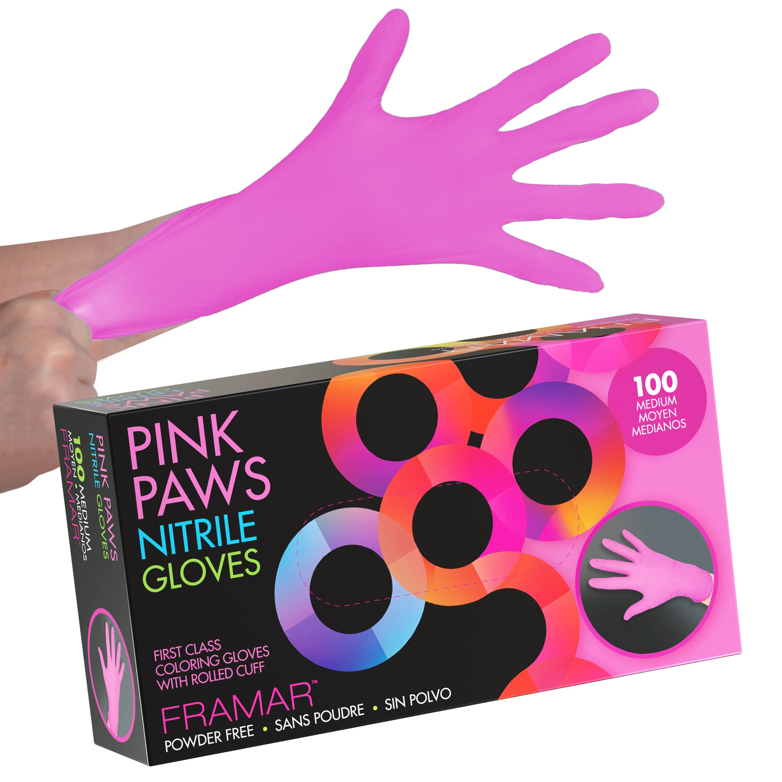 FRAMAR Pink Gloves Disposable Latex Free - Pink Nitrile Gloves Medium, Latex Free Glove Medium, Guantes De Nitrilo, For Hair Dye, Salon, Cleaning, Tattoo, Food Prep, Powder Free - 100 Pack