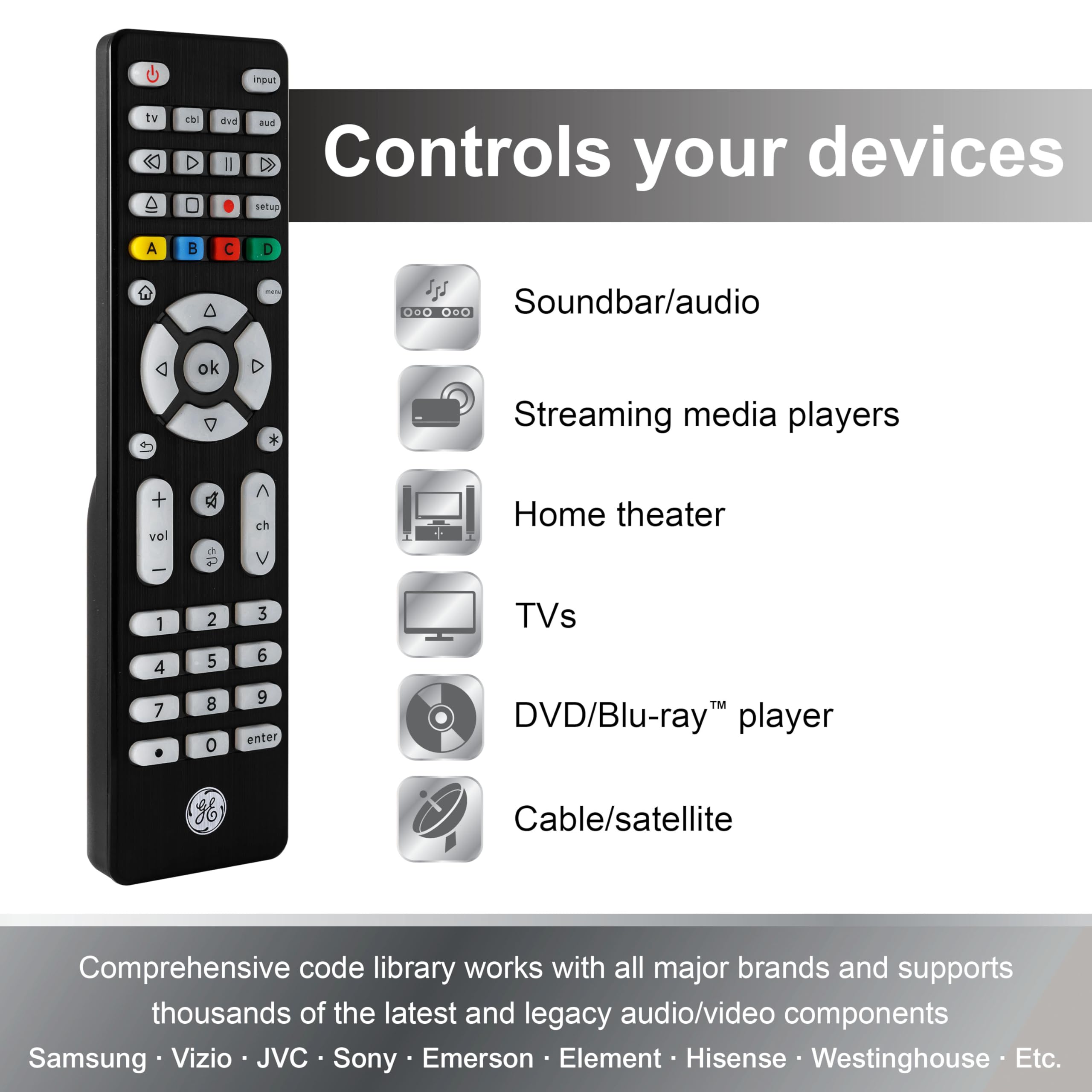GE Blue Backlit Buttons Universal Remote Control, Samsung TV Remote Control Replacement, Samsung Remote Control for Smart TV, Roku Remote Replacement, Vizio, LG TV, Sony, 4-Device, Brushed Black 48843