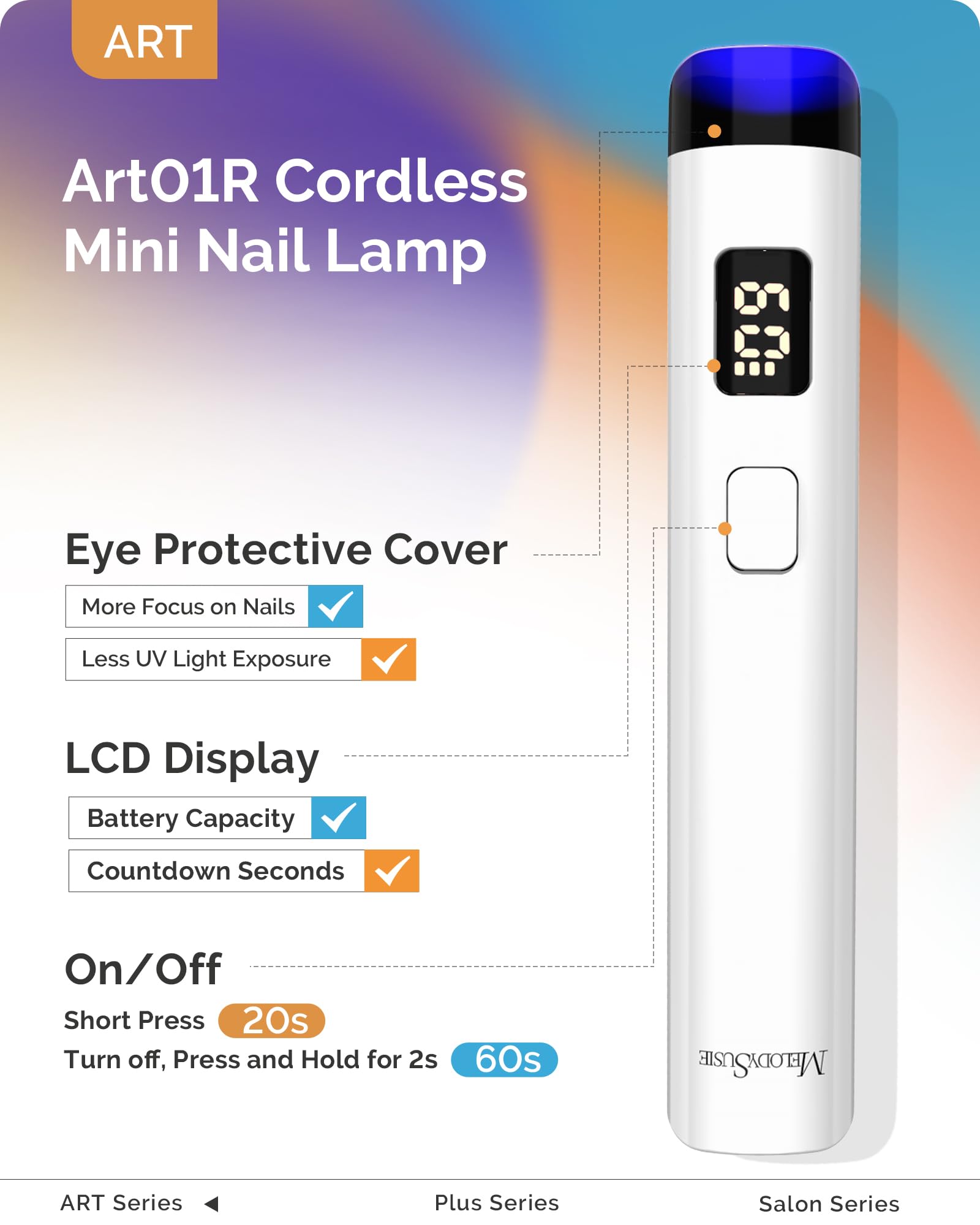 Melodysusie Handheld UV Light for Gel Nails, ART01R Cordless Gel X Nail Lamp Rechargeable with LCD Display, Eye-Protective Cover Flash Cure Nail Dryer for Rhinestone Glue Decoration DIY at Home White