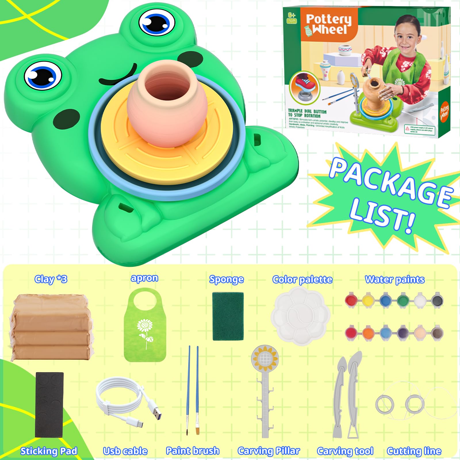 Pottery Wheel for Kids - Complete Pottery Painting Kit Arts and Crafts for Kids Ages 8-12 with 3 Pack Air Dry Clay Art Supplies Toys for Girls Boy Birthday Gift for 6 7 8 9 10 11 12+