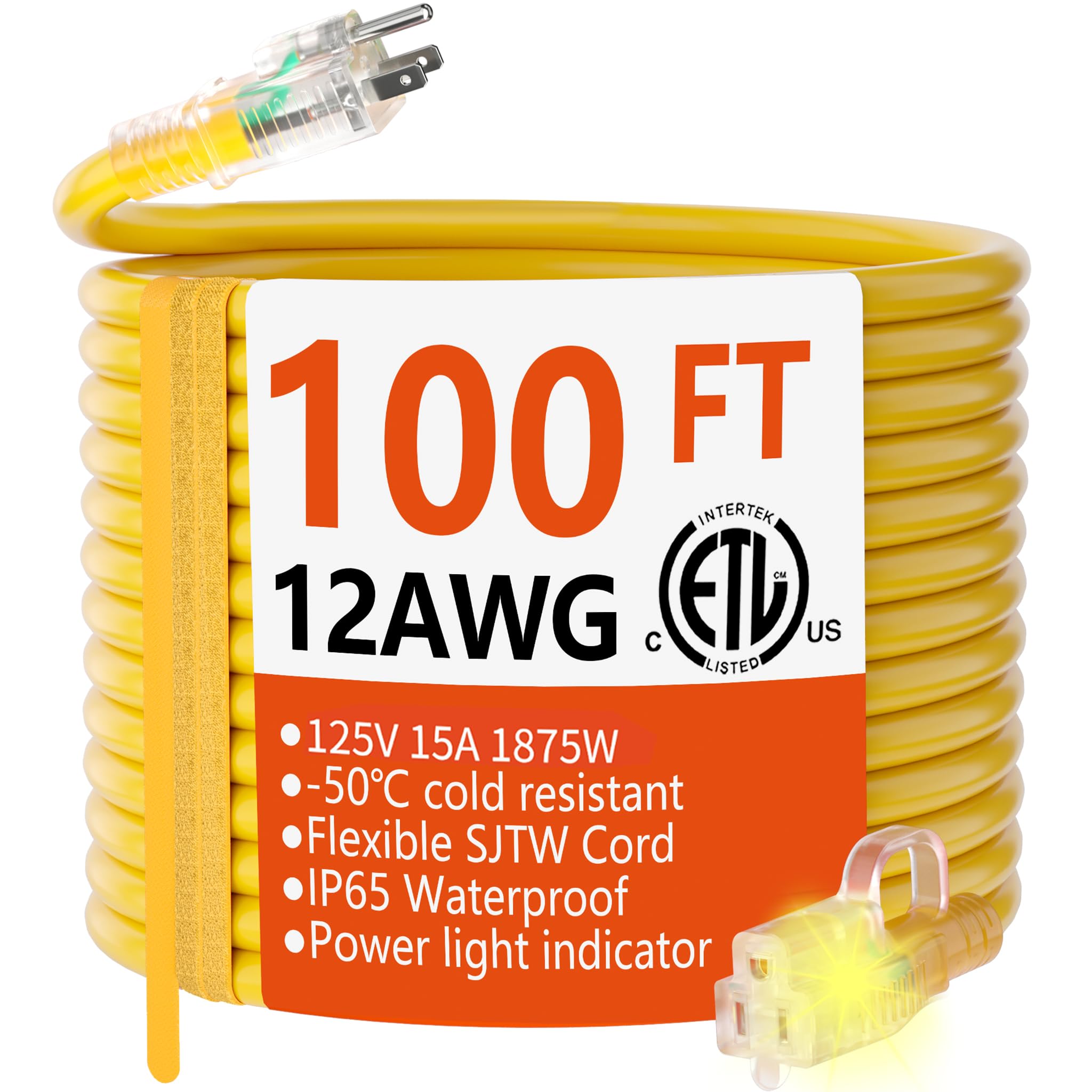 HUANCHAIN 12/3 Gauge Heavy Duty Outdoor Extension Cord 100 ft Waterproof with Lighted end, Flexible Cold-Resistant 3 Prong Electric Cord Outside, 15Amp 1875W 12AWG SJTW, Yellow, ETL