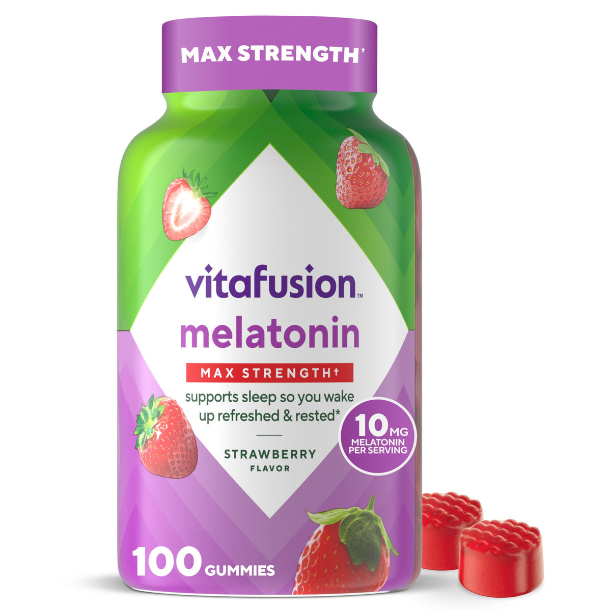 vitafusion Max Stärke 10 mg Melatonin Gummis, Erdbeergeschmack, Melatonin Gummibärchen Nahrungsergänzungsmittel für Erwachsene, 100 Stück, Vorrat für 50 Tage
