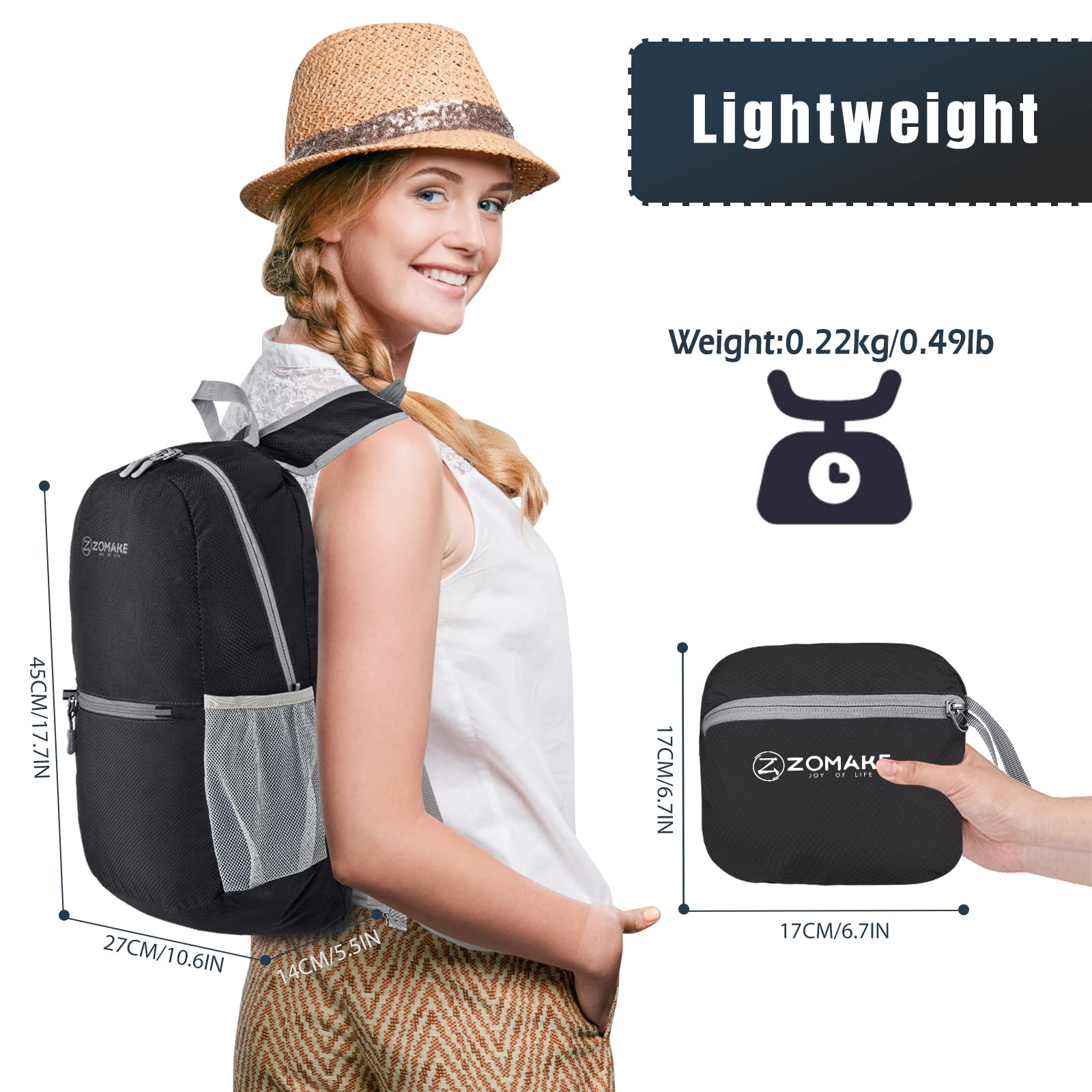ZOMAKE Ultra Lightweight Hiking Backpack 20L, Packable Small Backpacks Water Resistant Daypack for Women Men(Black)