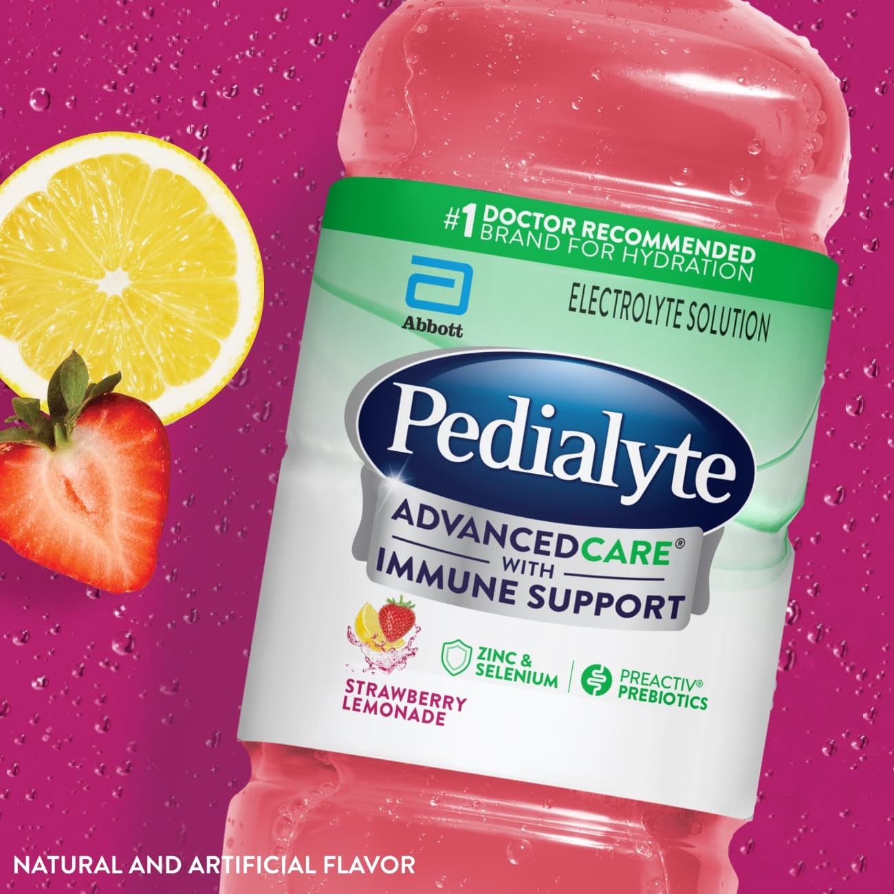Pedialyte AdvancedCare Electrolyte Solution Has PreActivPrebiotics | Hydration Drink | Strawberry Lemonade, 1 Liter, Pack of 4