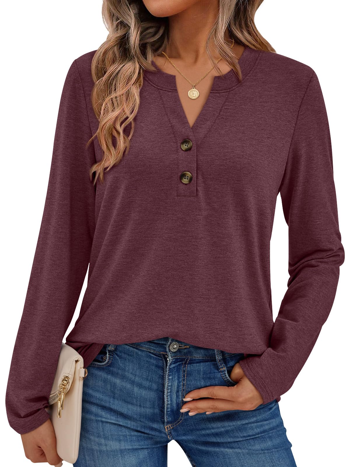 AUTOMET Long Sleeve Shirts for Women Blouses 2025 Fall Clothes Plus Size Dressy Casual Tops Henley Casual Trendy Cute T Shirts Business Work Fashion Outfits Wine L