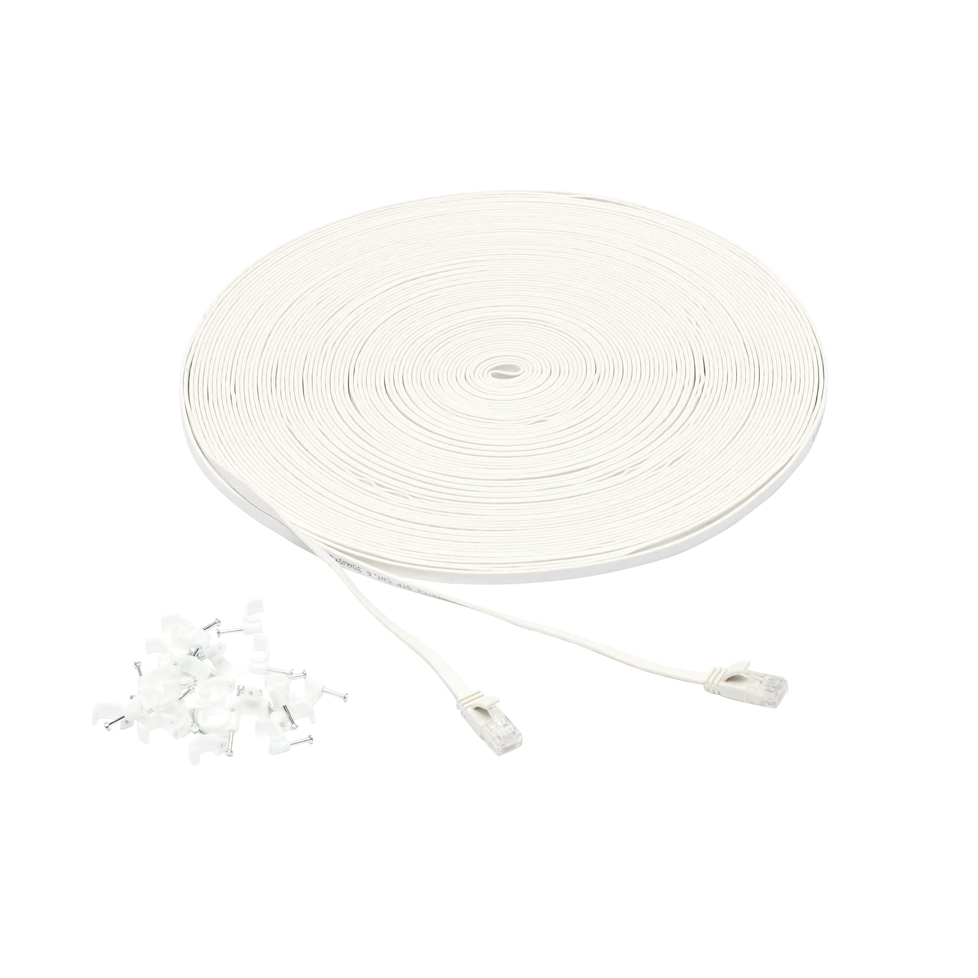 Amazon Basics Cat 6 Ethernet RJ45 10Gbps Flat Cable 100 ft Outdoor&Indoor White Solid Patch Cord with Clips for Router, Modem, PS4/5, Xbox, Gaming, Computer Network for High Speed LAN Internet