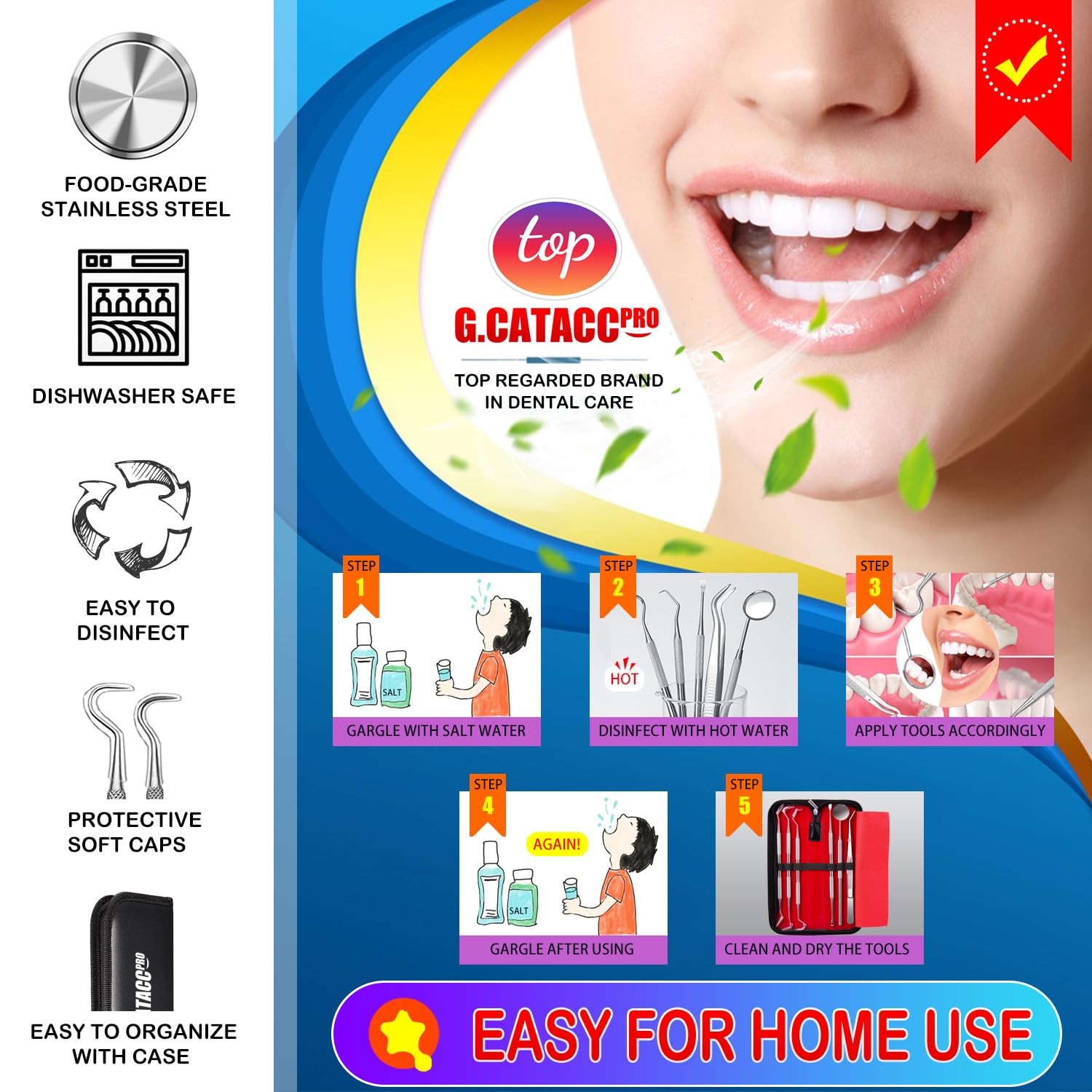 G.CATACC Dental Tools, Dental Pick Teeth Cleaning Tools Hygiene Kit, Plaque Remover for Teeth, Professional Stainless Steel Tooth Scraper Plaque Tartar Cleaner - with Case