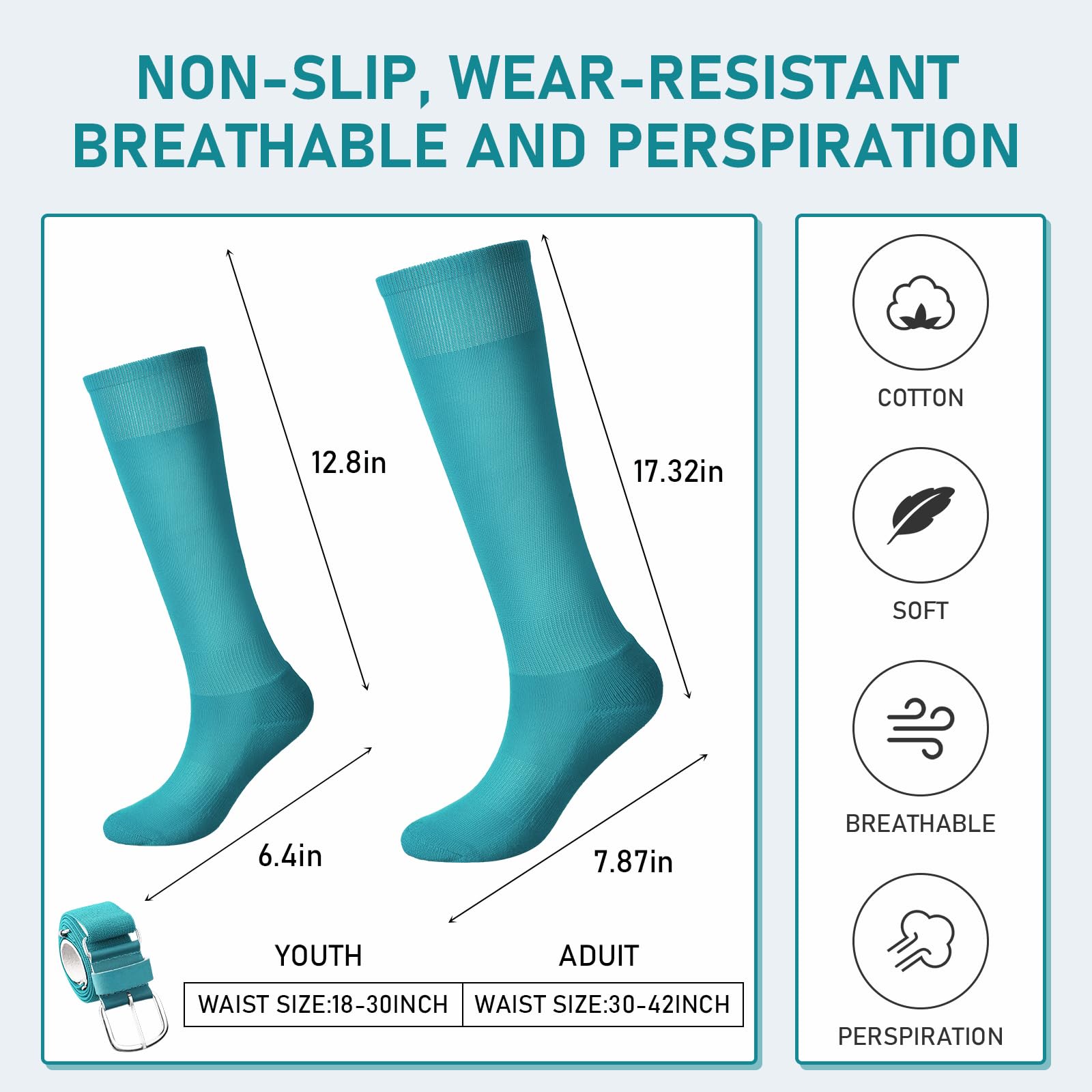 Zhanmai Baseball Belt and Socks Combo Adjustable Softball Socks and Elastic Waist Belt for Youth Boys Girls, Adult(Teal,Youth)