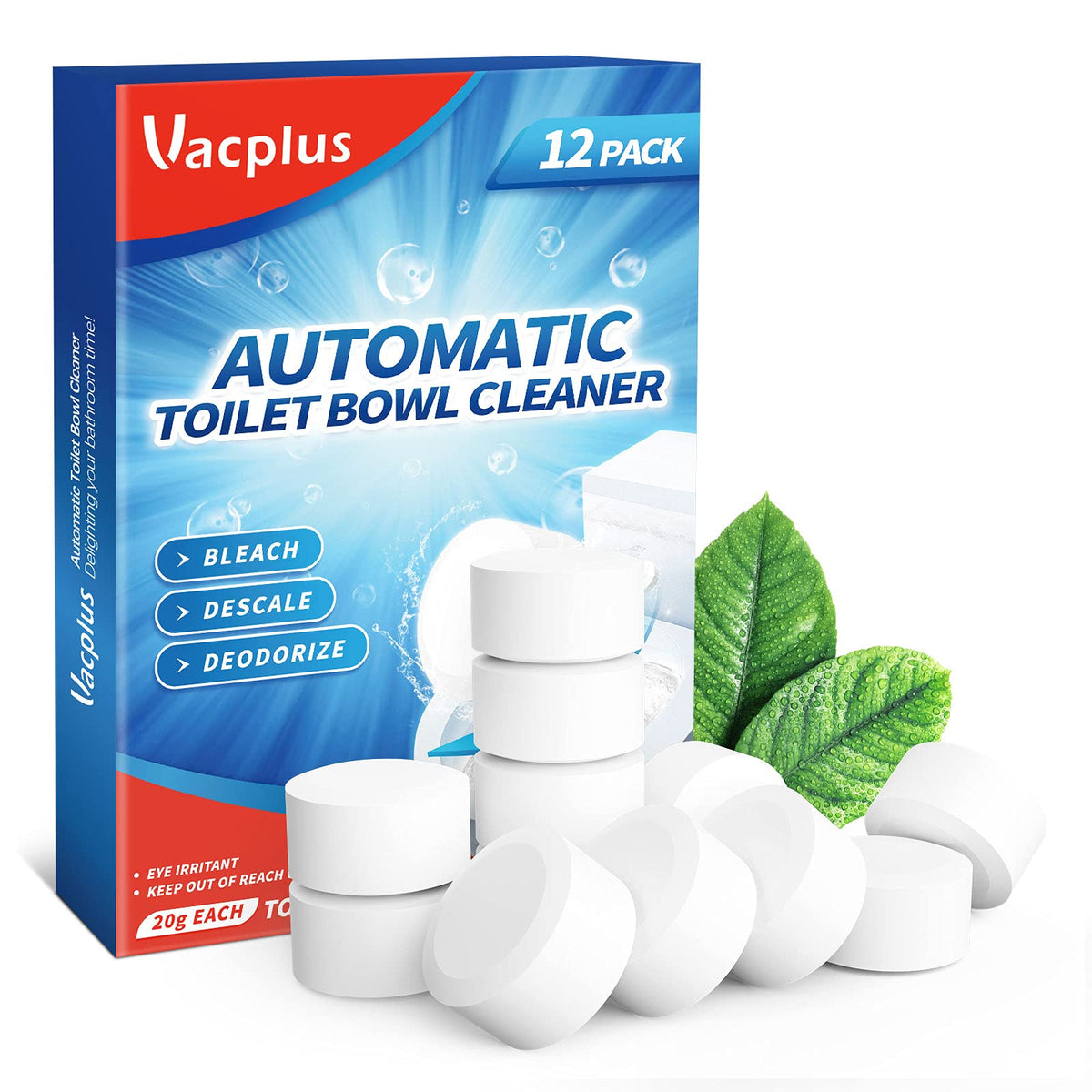 Vacplus WC-Reinigungstabs 12er-Pack, Automatische WC-Reiniger mit Bleichmittel zur Desodorierung und Entkalkung, Badreiniger gegen hartnäckige Flecken