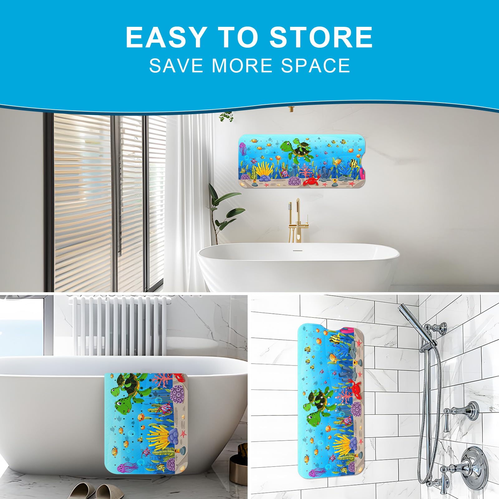 XIYUNTE Baby Bath Mat for Tub Non Slip Kids Bath Mat - 40''x16'' Extra Long Cartoon Sea Turtle Baby Bath Tub Mat Eco-Friendly Toddler Bath Mats with Suction Cups & Drain Holes Easy to Clean & Drying