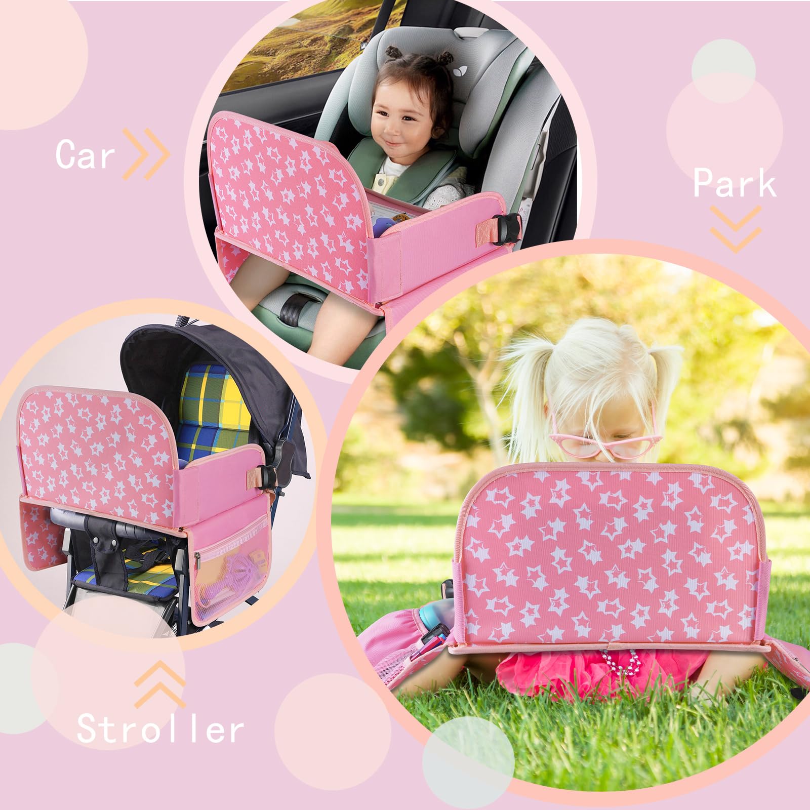MENZOKE Kids Travel Tray for Toddler Car Seat, Lap Tray for Girl Activities with Dry Erase Board & Cooler Cup Holder, Road Trip Essentials Accessories with No-Drop Large Tablet iPad Holder Stand,Pink