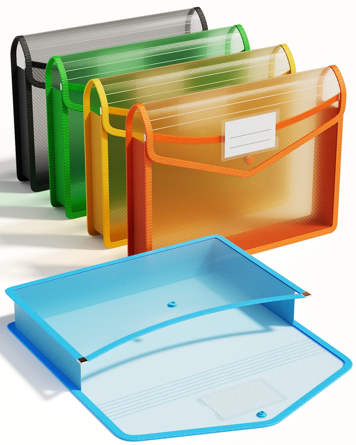 ThinkTex Kunststoff-Fächermappe, Transparente Umschläge mit Druckknopfverschluss, Ohne Trennwände, Große Kapazität, Sortierte Farben, Passend für Letter/A4-Format – 5 Stück