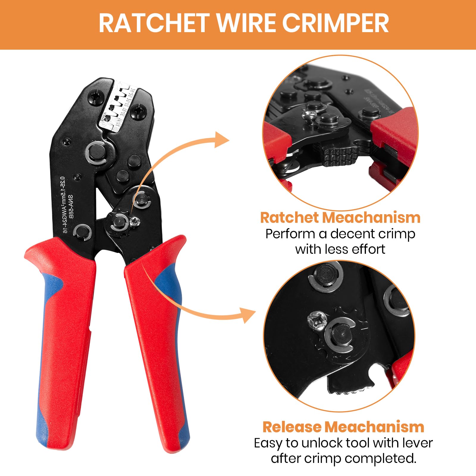 Wire Crimping Tool with Ratchet, Amliber Ratchet Wire Crimper Tool for Open Barrel Terminal Connectors, Electrical Crimping Tool for Deutsch DELPHI AMP Dupont TYCO Terminals, 24-14 AWG