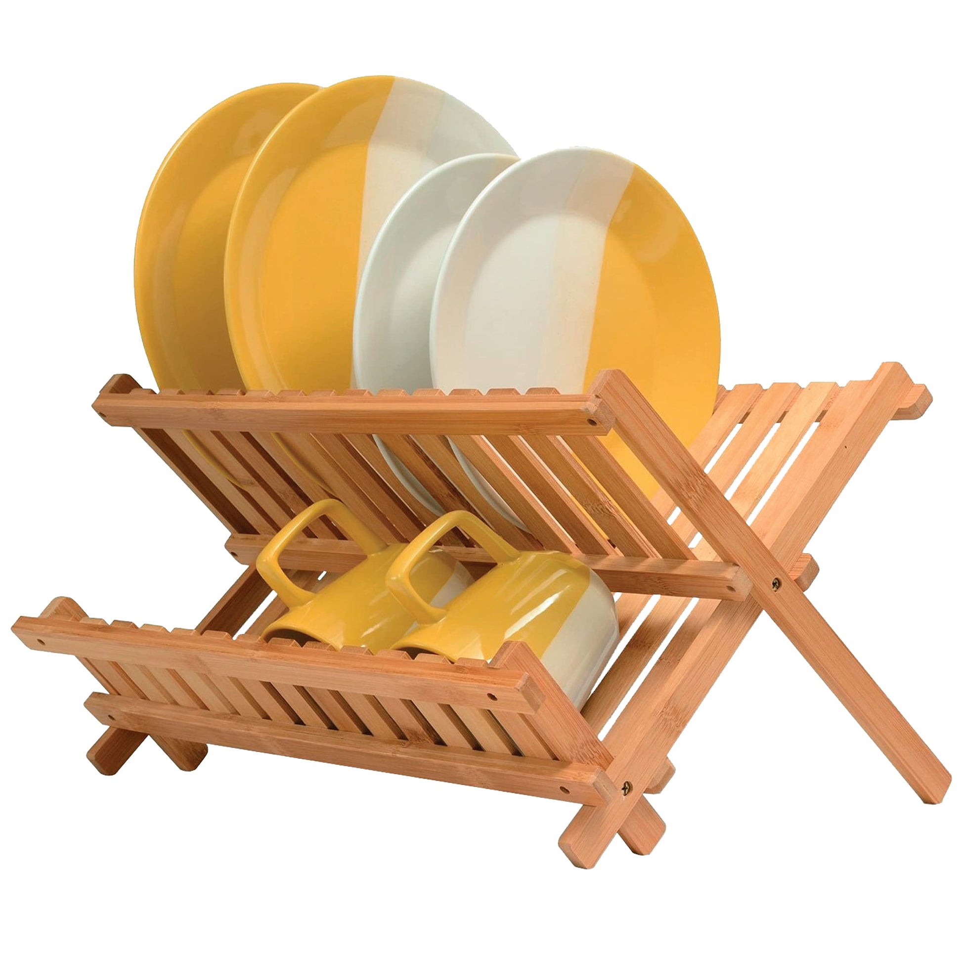 BAMBUSI Dish Drying Rack - Collapsible 2-Tier Bamboo Dish Rack for Kitchen Counter, Wooden Dish Drainer with Foldable Space-Saving Design - Drying Rack for Dishes, Plates, and Cups - Housewarming Gift