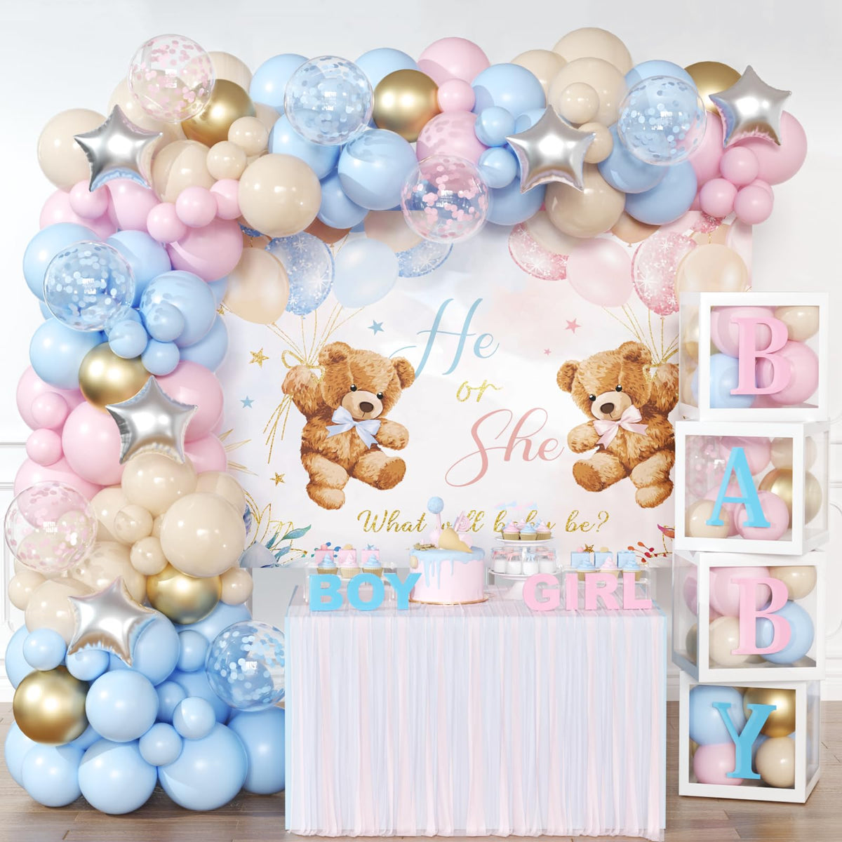 Bären-Geschlechtsoffenbarungs-Ballonboxen-Dekorationen – 158-teiliges rosa-blaues Ballon-Girlanden-Kit, 4 Babyboxen mit Buchstaben, Hintergrund für Babypartys, Jungen- oder Mädchen-Party-Zubehör