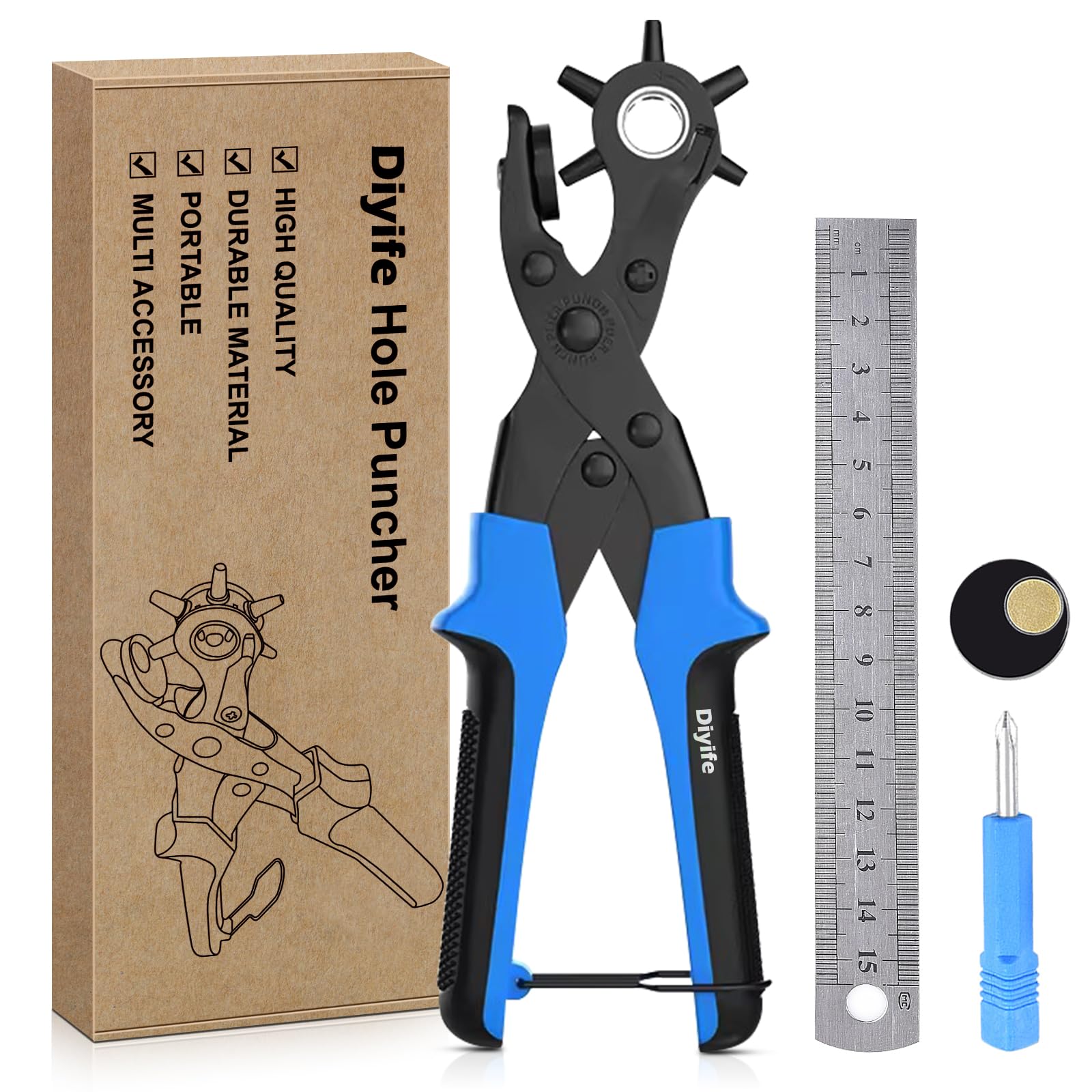 Diyife Professional Leather Hole Puncher, Full Set Punch Tool Kits for Belt, Watch Band, Shoe, Crafting, Handbag Straps, Fabric, with Extra Punch Plates and Ruler, Multi Hole Sizes Make - Blue