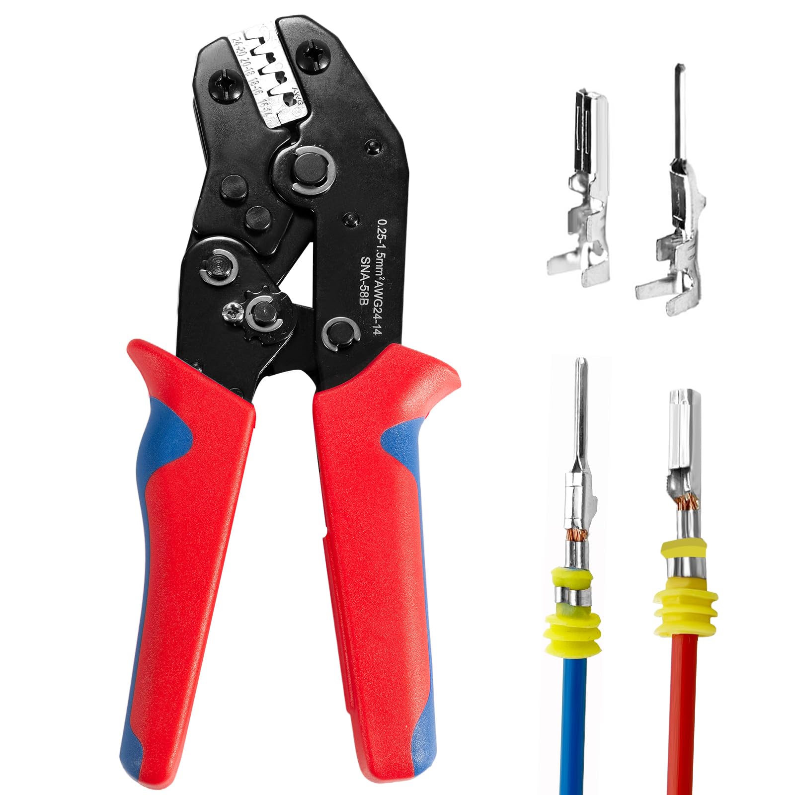 Amliber Crimpzange mit Ratsche, Ratschen-Crimpzange für offene Steckverbinder, elektrische Crimpzange für Deutsch DELPHI AMP Dupont TYCO Klemmen, 24-14 AWG