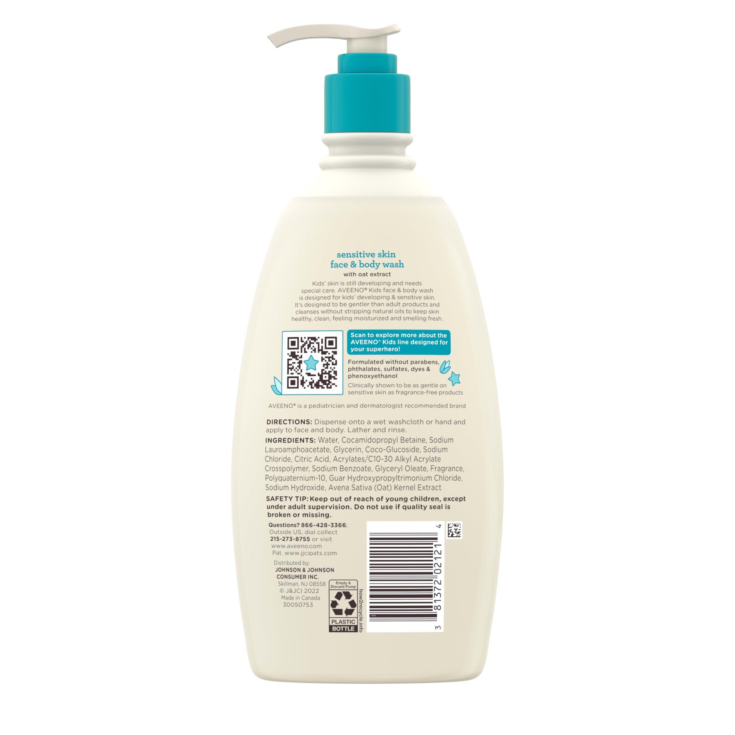Aveeno Kids Face & Body Wash for Sensitive Skin, Oat Extract, Tear-Free, Non-Drying, Light Scent, Pump Dispenser, Hypoallergenic, Phthalate, Sulfate & Dye Free, 18 fl oz