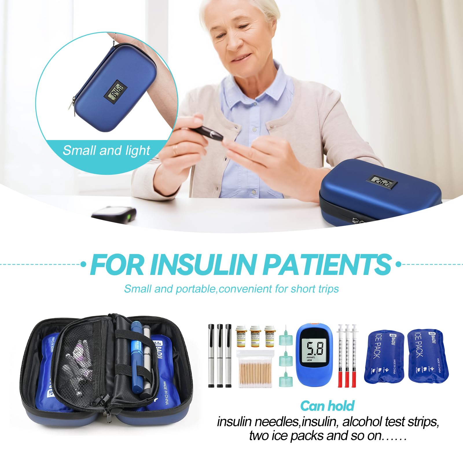 Gosemai Insulin Cooler Travel Case TSA Approved Medication Diabetic Cooler for Travel with Temperature Display Refrigerated Medicine Organizer Bag with 2 Ice Pack