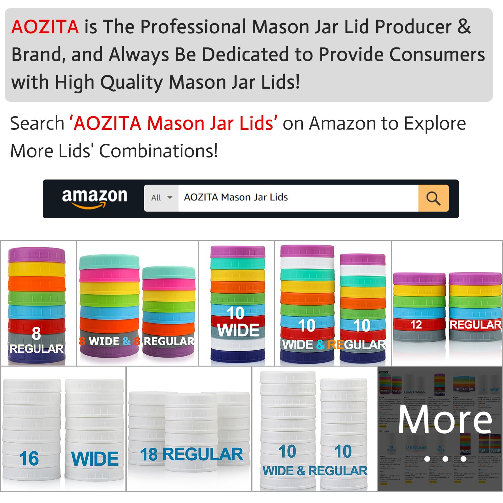 AOZITA 10 WIDE Mouth & 10 REGULAR Mouth Mason Jar Lids - 20 Pack Food Grade Plastic Mason Jar Caps for Ball, Kerr and More Canning Jars - Leakproof & Dishwasher Safe - Multicolor