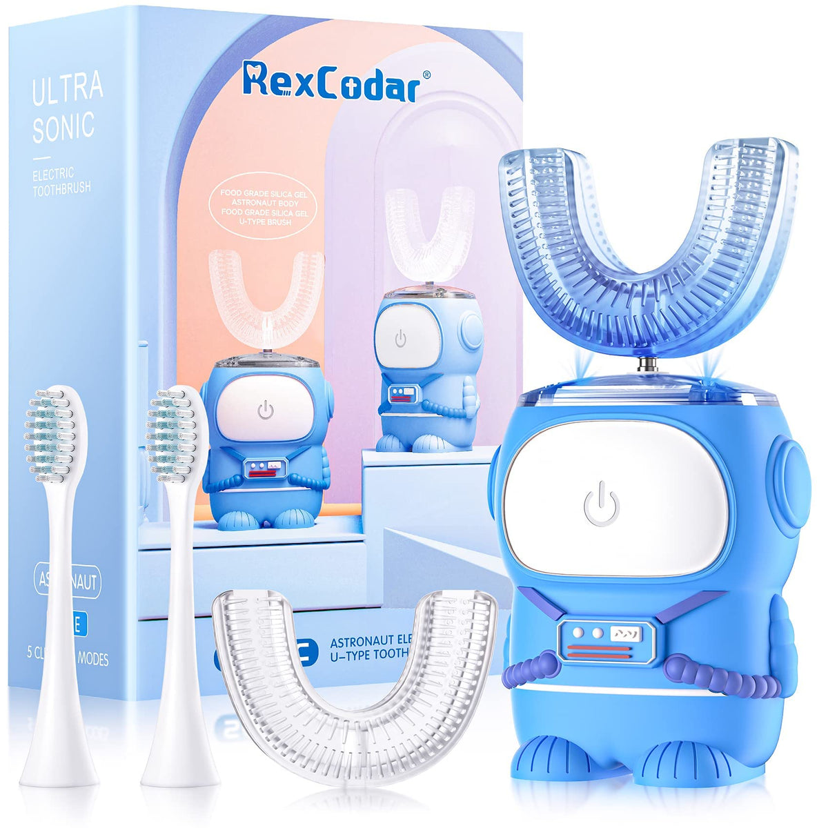 RexCodar Ultraschall-Kinder-U-förmige elektrische Zahnbürste, IPX7 wasserdicht, fünf Reinigungsmodi, 60S Smart-Erinnerung (Blau, 6-12 Jahre)