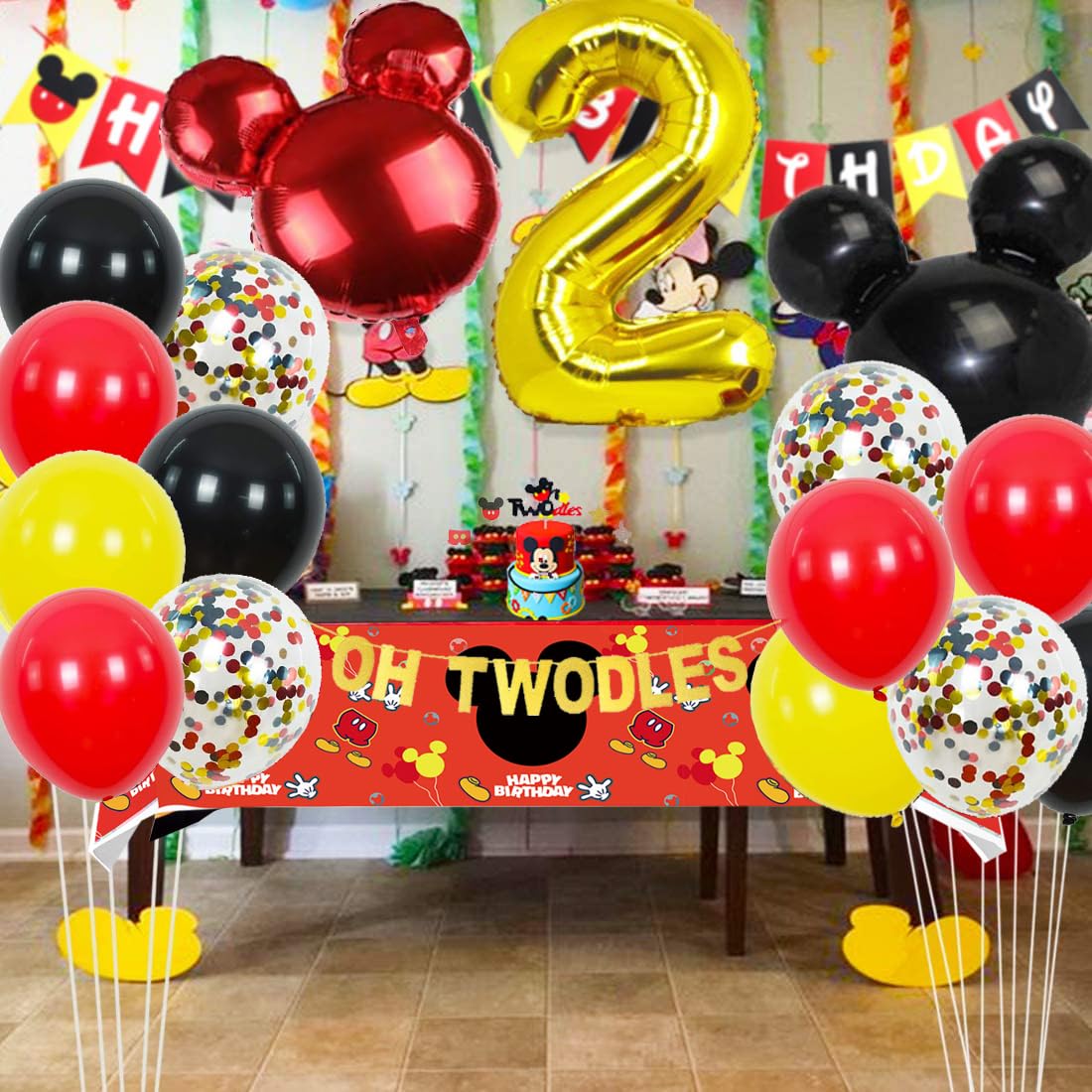 Mickey Mouse 2nd Birthday Party Supplies Oh Twodles Theme Party Decorations Includes Felt Banner,Welcome Hanger Door Sign, Tablecloth,Cake Cupcake Toppers,Mickey Head Balloons, 12 Latex Balloon,