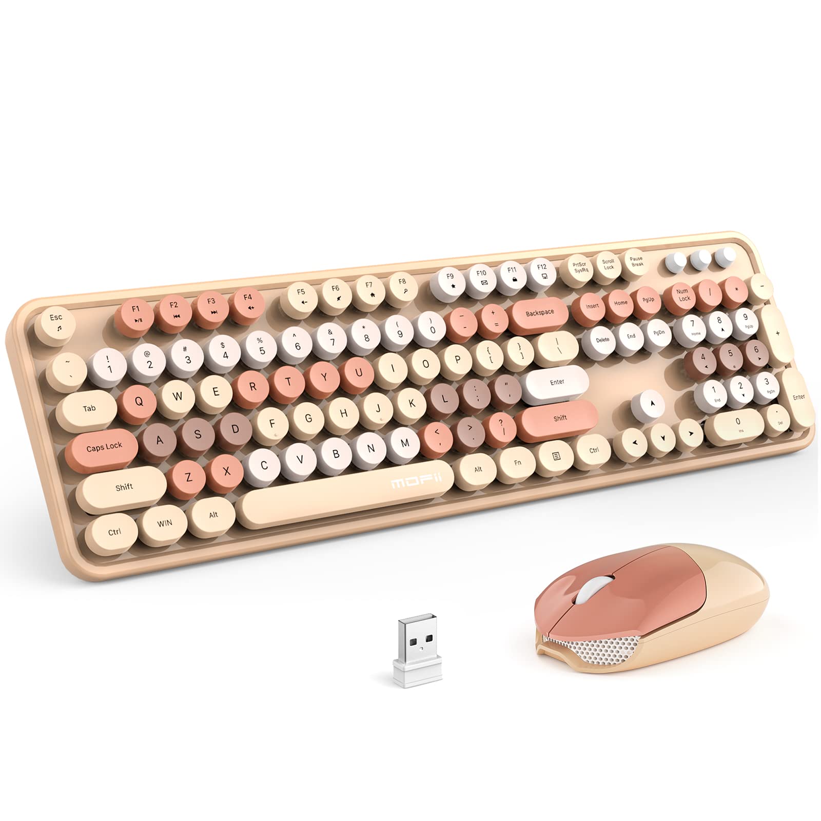 MOFII Wireless Keyboard and Mouse Combo,2.4GHz Retro Full-Size Keyboard with Number Pad and Cute Wireless Mouse for Computer PC Desktops Laptop WindowsxP/7/8/10(Milk Tea Colorful-B)