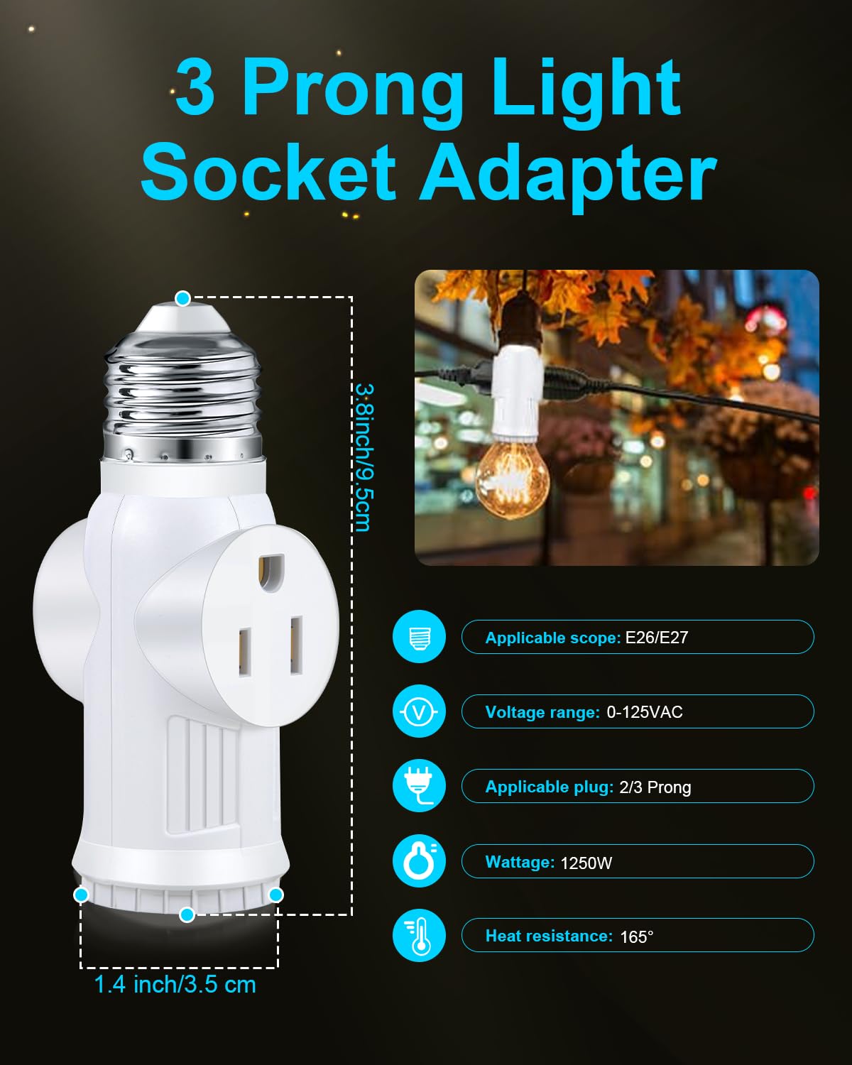 Light Socket Outlet Adapter, 3 Prong Light Socket Adapter, Polarized Light Bulb Outlet Socket, to Plug Adapter for Garage Porch (White, 2)