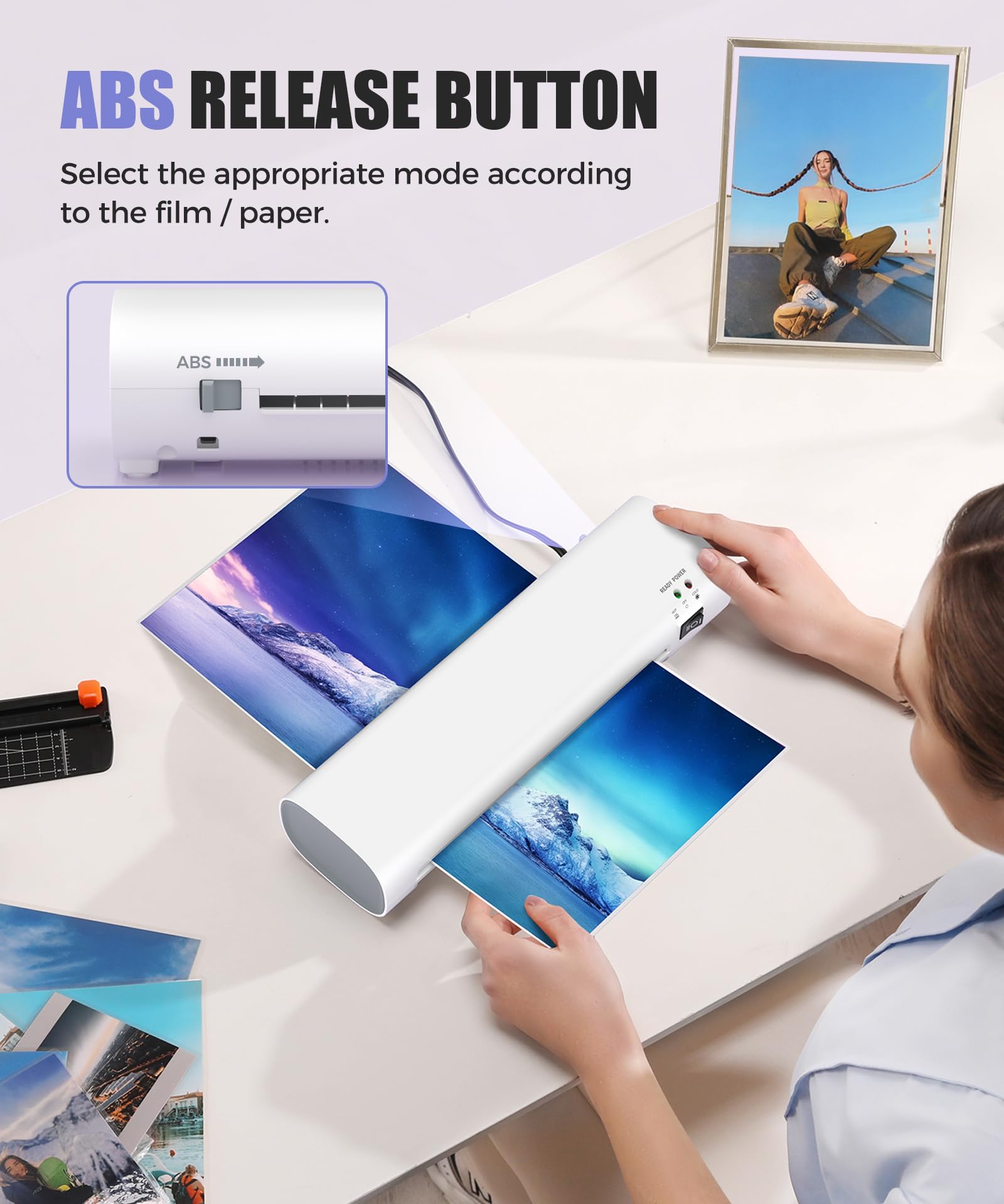 9 Inch Laminator Machine with Never Jam Technology, 40 Laminating Sheets, 4-in-1 A4 Thermal Laminator with Trimmer and Corner Rounder for Office, School, Business and Home Use - White