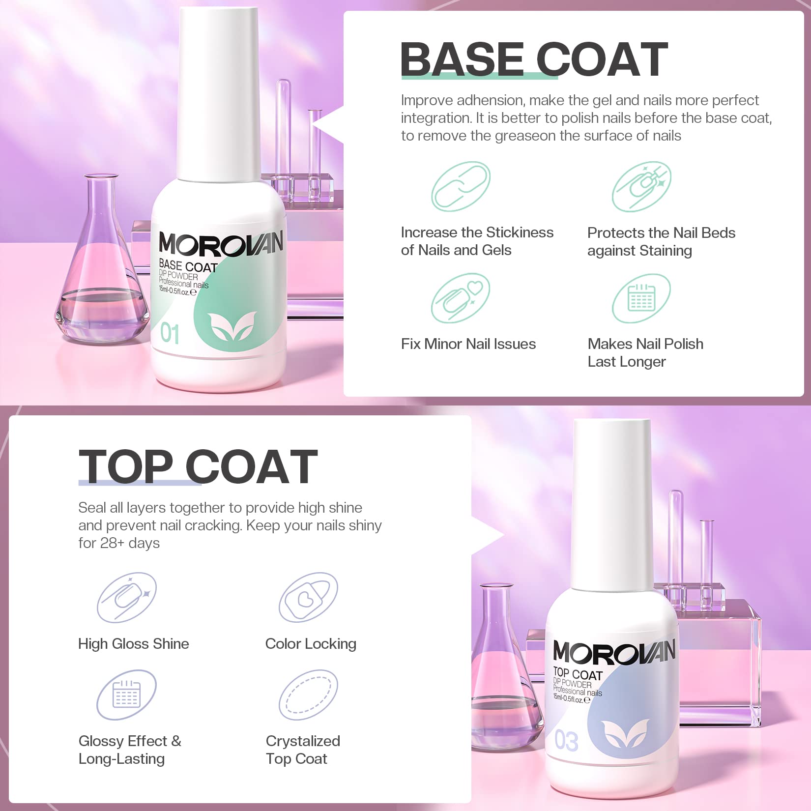 Morovan Dip Powder Liquid Set with Activator Base Top Coat and Dipping Powder Brush Saver 4pcs 0.5oz for Dip Powder Nail Kit