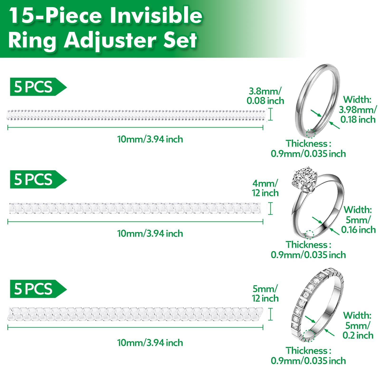Anpro Ring Sizer Adjusters for Loose Rings - 15-Pack Multiple Styles, Invisible Spacer Guards & Tighteners for Women, Fits Almost Any Ring