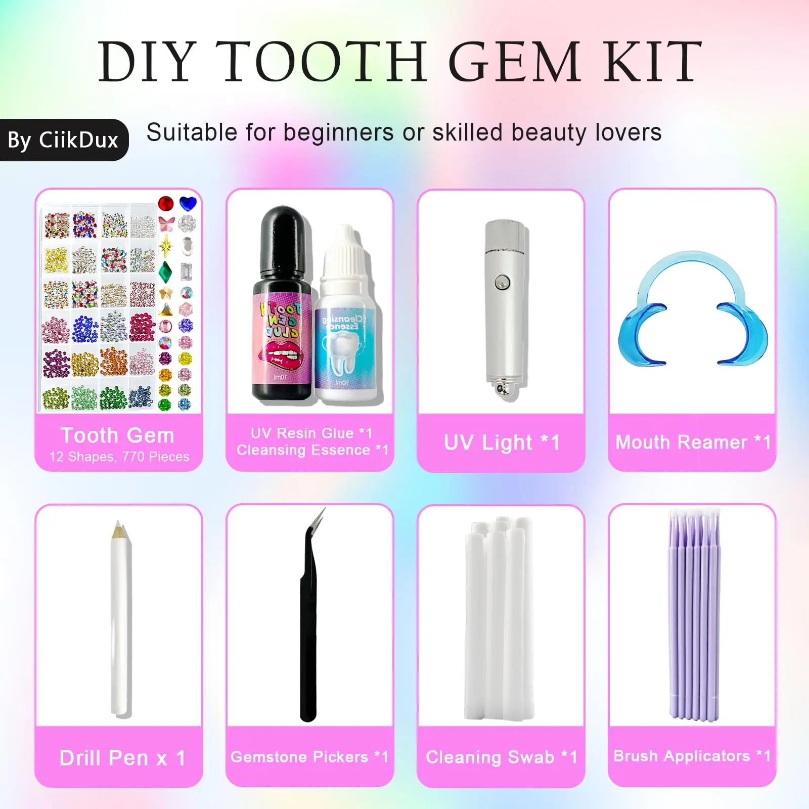CiikDux DIY Tooth Gem Kit, Tooth Jewelry Gems Kit Include 770 Crystals 12 Shapes Bedazzle Gems, Teeth Jewelry Starter Kit
