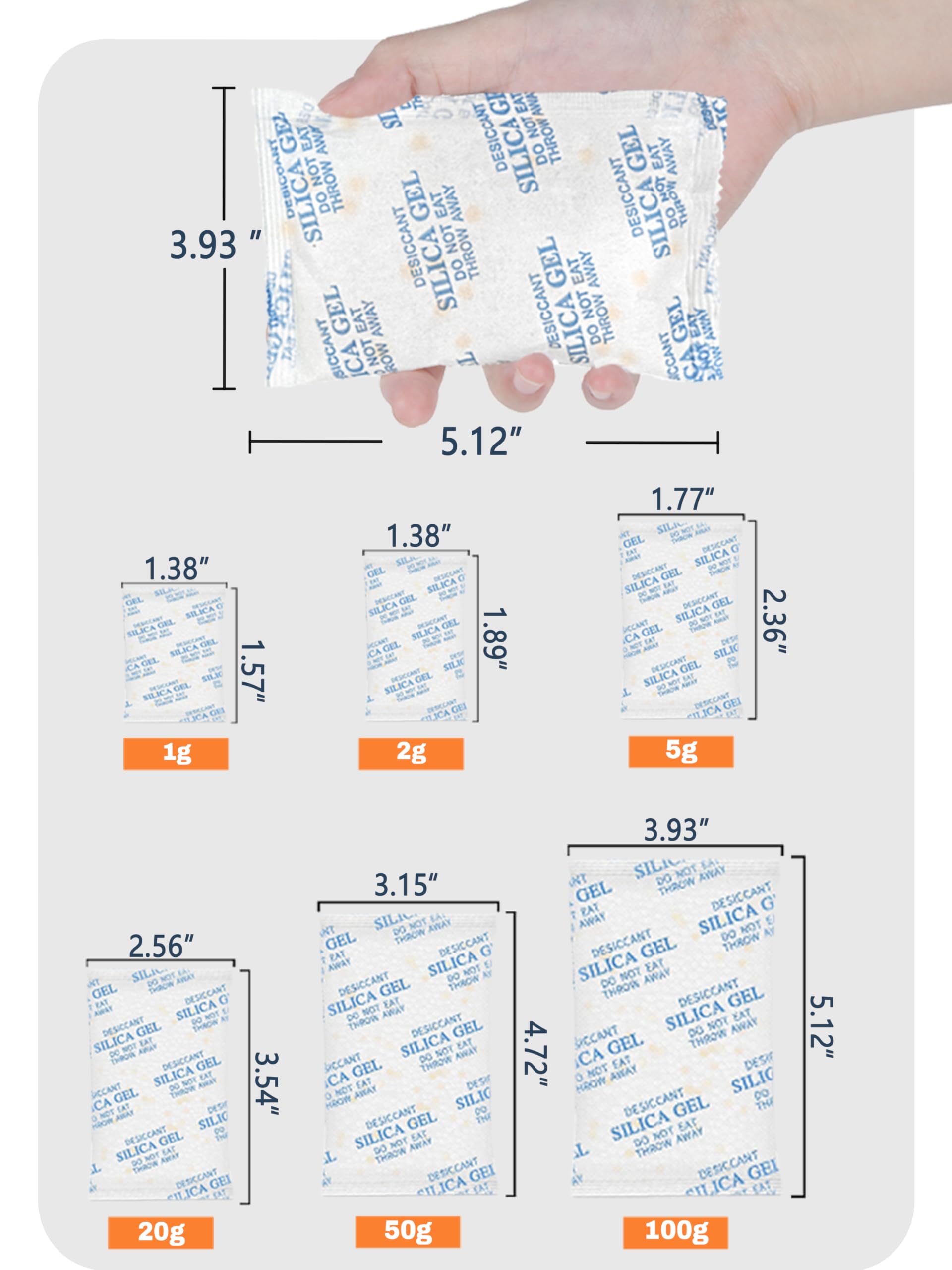 Vbeijll 5 Gram (50 Pack) Color-Indicating Silica Gel Packets, Premium Food Grade Desiccant - Rechargeable Moisture Absorbers for Food Storage, Electronics, 3D Filament & Safes
