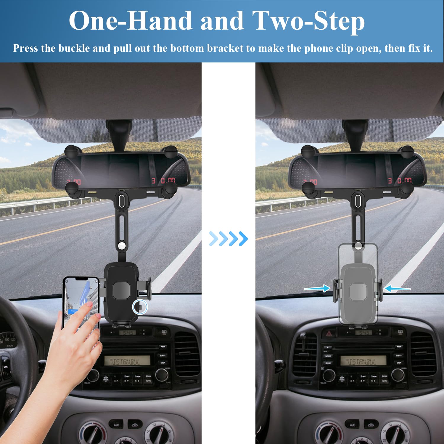 JDHDL Phone Mount for Car, Rear View Mirror Phone Holder, Rotatable and Retractable Phone Holder for Car Compatible with iPhone Samsung All 4-7 Inch Cell Phones