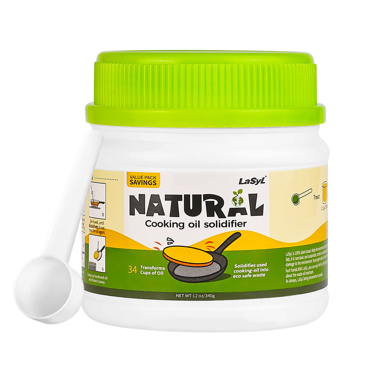LaSyL Natural Cooking Oil Solidifier Powder, Harden Up to 2.25 Gallon of Fry Oil Away from Mess, 100% Plant-Based Oil Hardener for Disposal, Value Pack 12 Oz